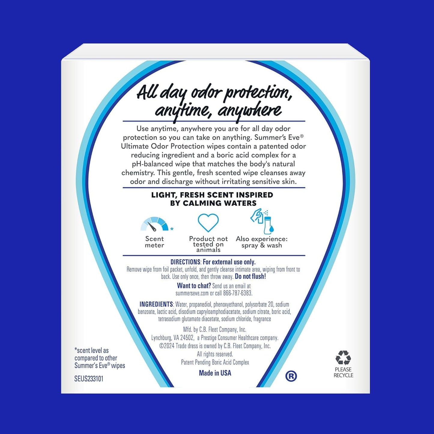 Summer's Eve Ultimate Odor Protection Daily Feminine Wipes, Gentle pH-Balanced Formula with Boric Acid Cleanses & Removes Vaginal Odor, Individually Wrapped Body Wipes, 12 Count