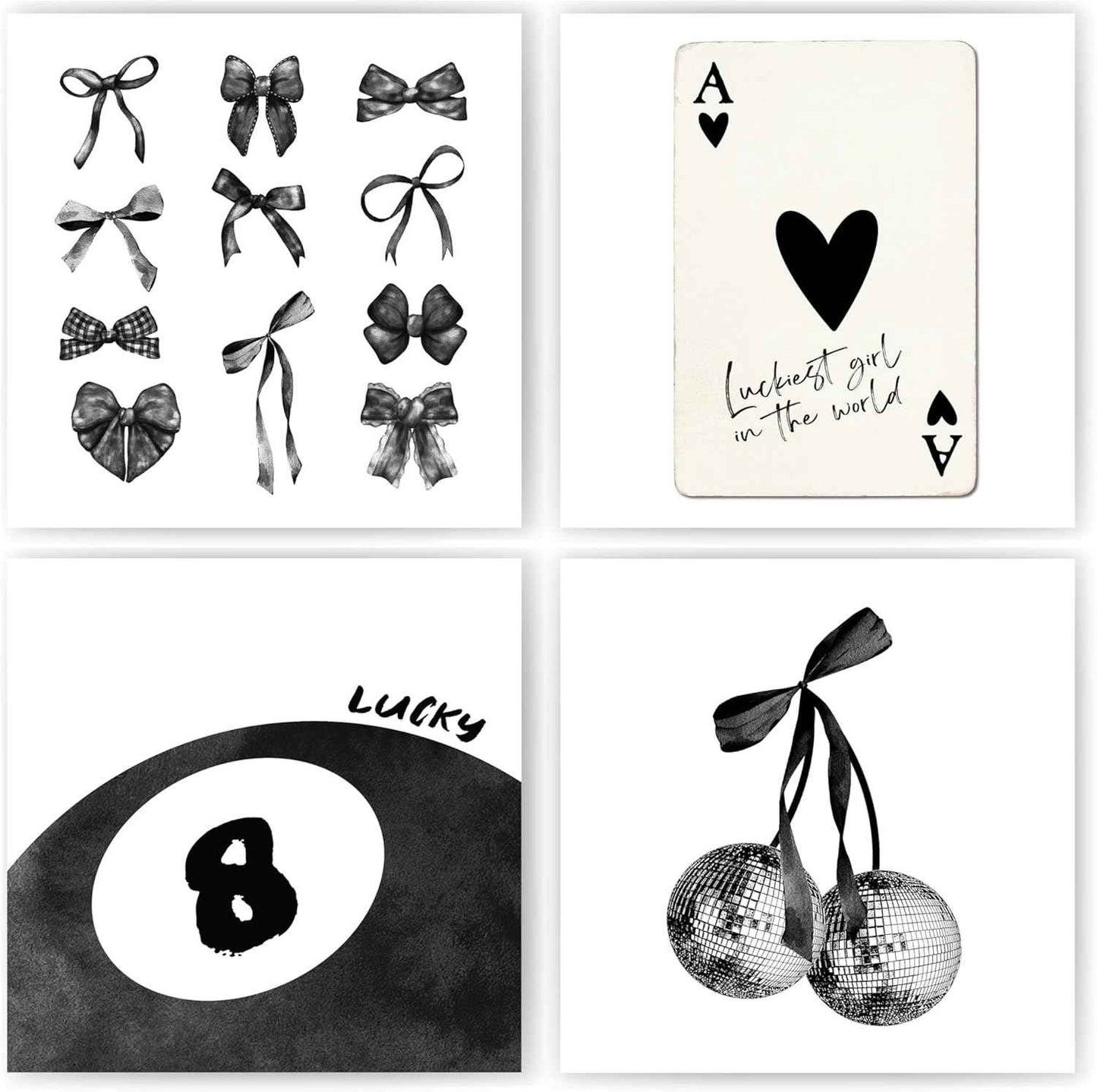 okaxscm Sage Green Coquette Trendy Preppy Wall Art Prints Set of 4, Coquette Preppy Room Decor Aesthetic, Green Bow Disco 8 Ball Cherry Wall Decor Posters for Girls Bedroom Dorm, 8x10 Unframed