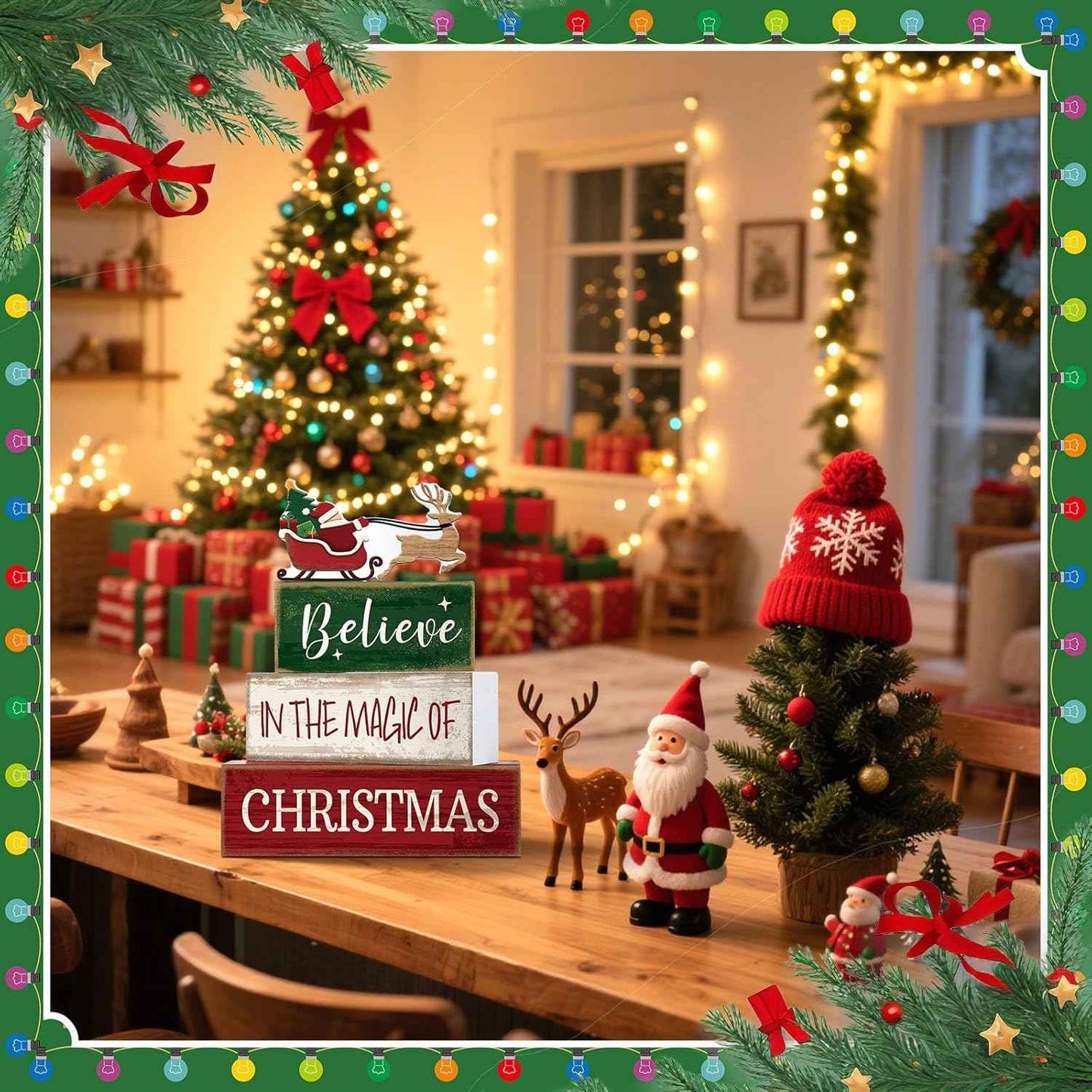 4 Pcs Christmas Table Decoration Wooden Santa Claus Decor Christmas Tiered Tray Decor Decorative Santa Claus Elk Block Sign Gift Farmhouse Xmas Table Centerpiece for Home Kitchen Shelf