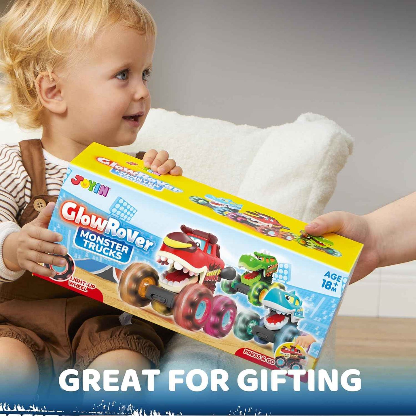 JOYIN 3 Pack Monster Truck Toy - Motion Activated Light Up Cars for Toddlers - Monster Glow Rover LED Wheels - Baby Boy Toys - Press and Go Dinosaur Trucks for Kids Boys Birthday Gifts for Christmas