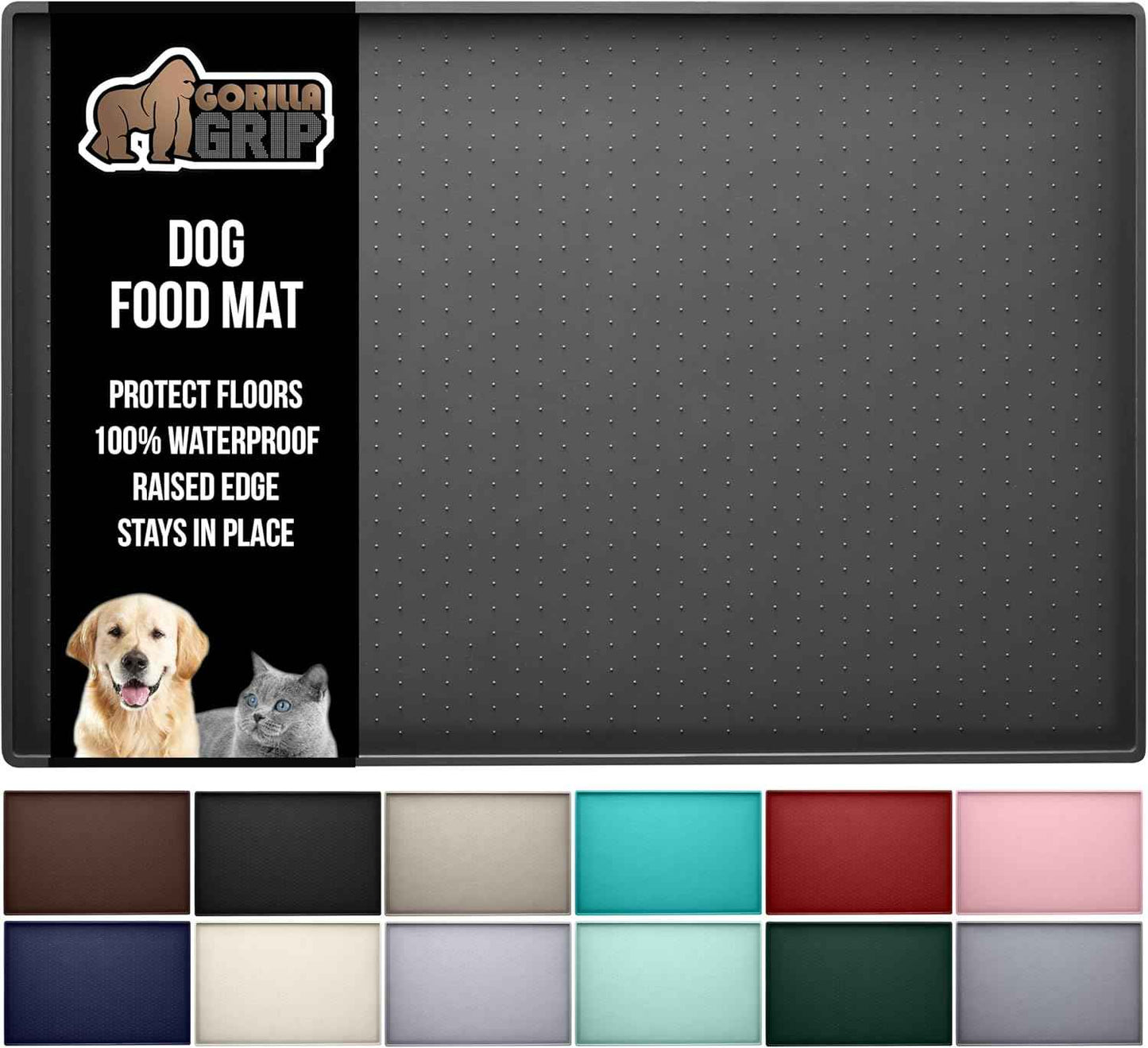 GORILLA GRIP 100% Waterproof Raised Edge BPA Free Silicone Pet Feeding Mat, Dog Cat Food Mats Contain Spills Protects Floors, Placemats for Cats and Dogs Water Bowl, Pets Accessories 18.5x11.5 Gray