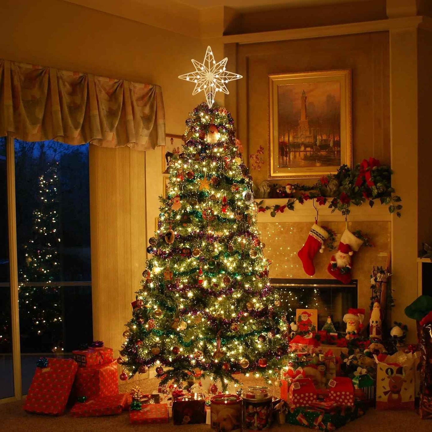 hogardeck Christmas Tree Topper, 11 Inches Lighted Gold Glittered 8-Point Star Tree Topper, 30 LED Sparkling Tree Toppers Christmas Decorations, Battery Powered Timer Xmas Treetop Star Decor