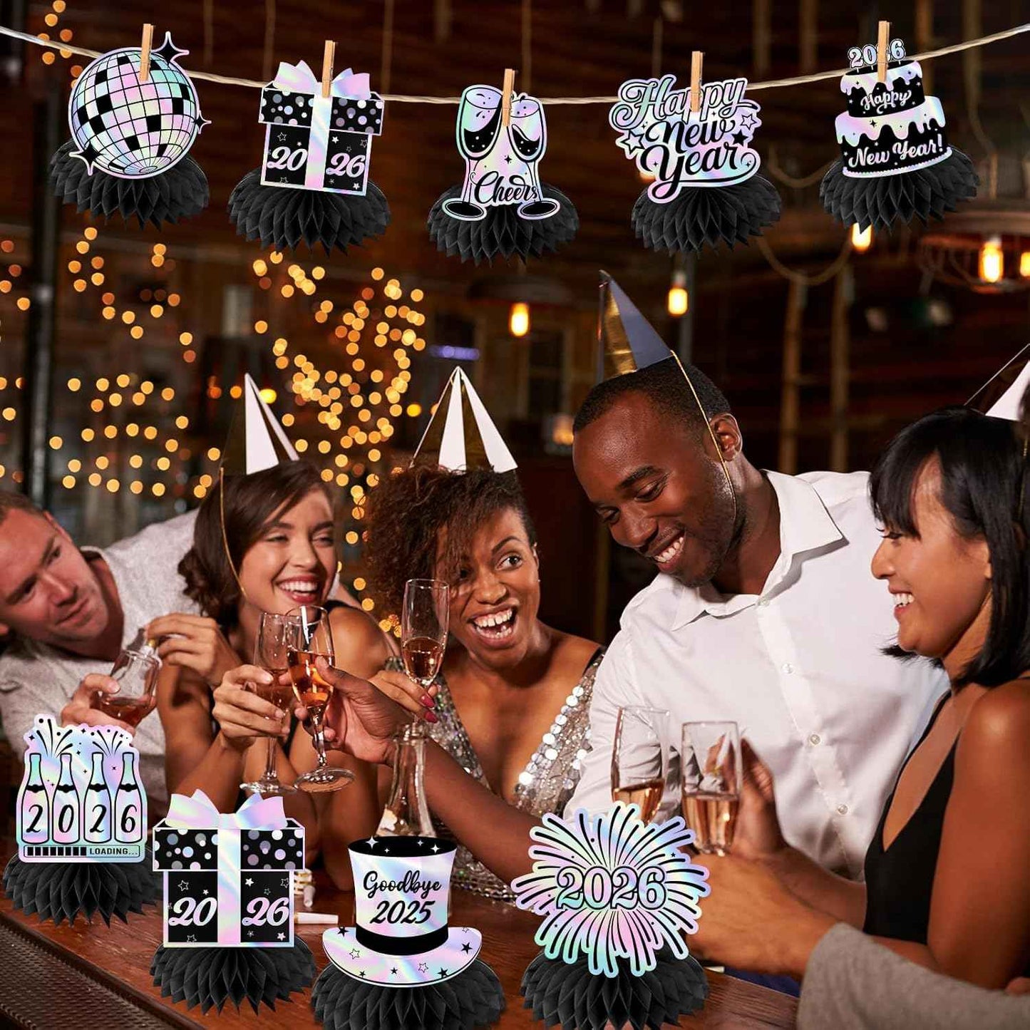 Happy New Year 2026 Honeycomb Centerpieces,Iridescent New Years Eve Decorations 12pcs New Years Table Decorations Centerpiece for 2026 New Year's Eve Supplies