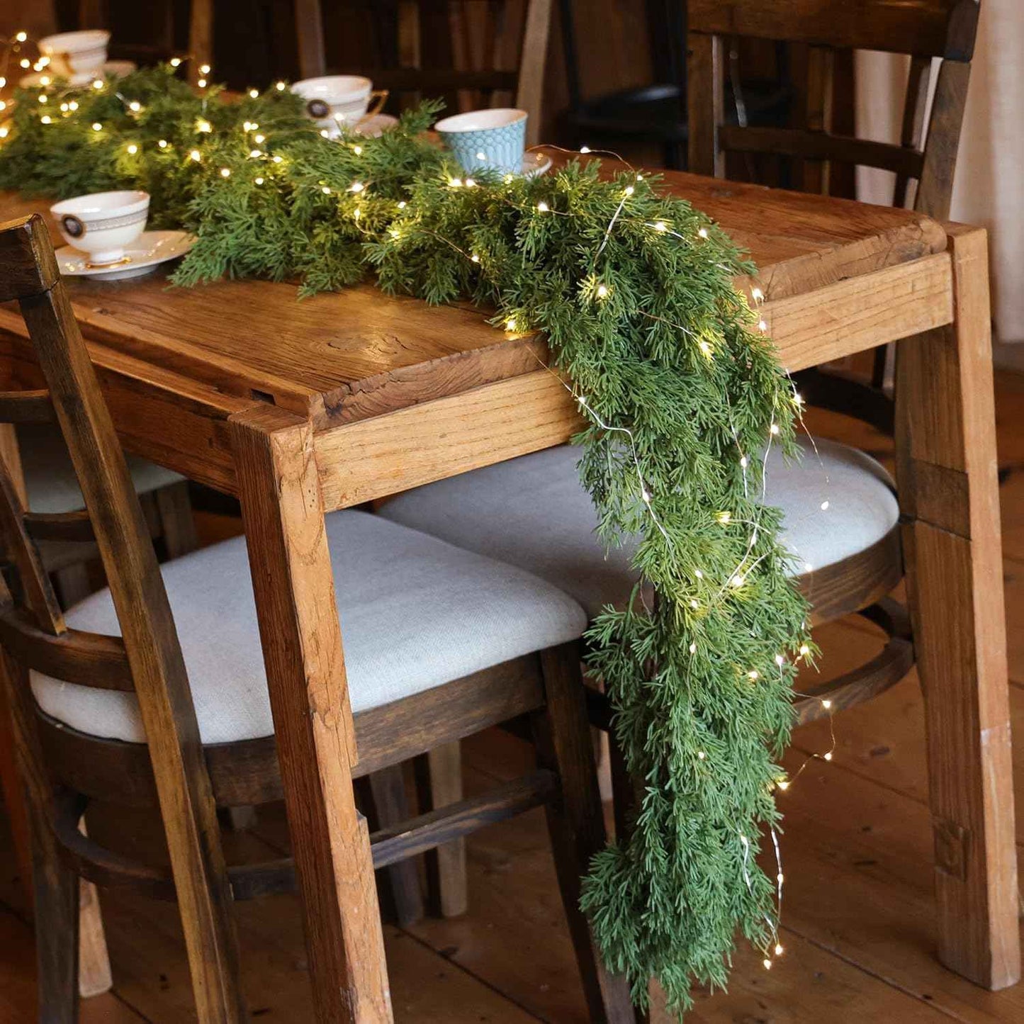 6FT Christmas Garland PARTY JOY Cedar Garland with 9.8FT LED String Lights, Greenery Plant for Christmas Decorations Table Mantle Background Wall Room Outdoor Indoor Winter Decoration