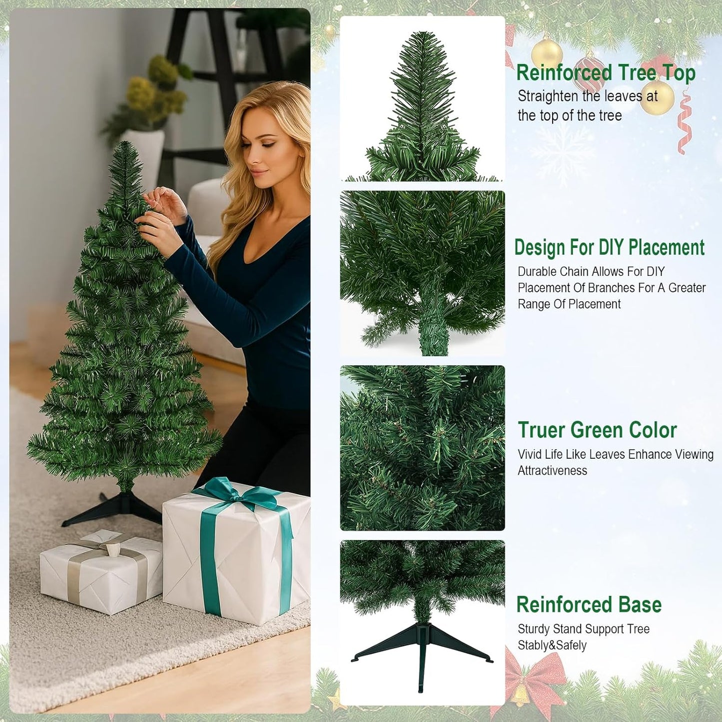3Ft Premium Artificial Small Mini Christmas Tree for Tabletop,Home, Office, Indoor and Outdoor Decor,Holiday Decoration,Easy Assembly Metal Hinges & Foldable Base 160 Branch Tips Green Tree