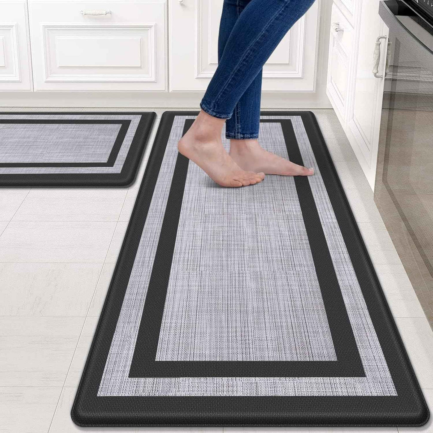 Mattitude Kitchen Mats Set of 2,Cushioned Anti-Fatigue Non-Skid Rug Sets Ergonomic Comfort Standing Mat for Kitchen, Floor, Office, Sink, Laundry, Black and Gray