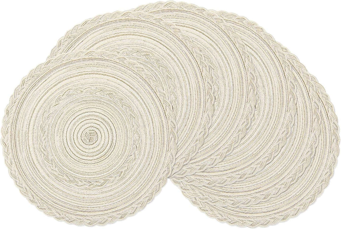 SHACOS 15 inch Round Braided Placemats Set of 6 Non Slip Heat Resistant Cotton Polyester Table Mats Washable Place Mats for Kitchen Dining Party Table Decor (Beige, 6)
