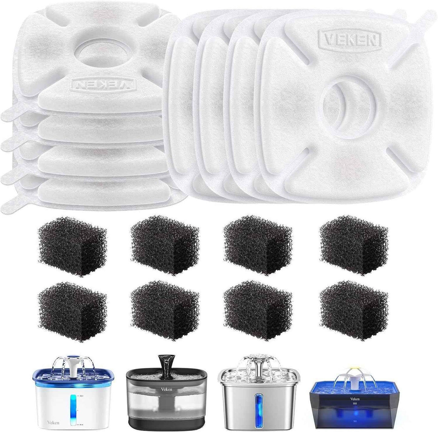 Veken Cat Water Fountain Filters, 8 Pack Replacement Filters & 8 Pack Replacement Pre-Filter Sponges Set for 50oz, 84oz, 95oz or 108oz Automatic Pet Fountain Dog Water Dispenser