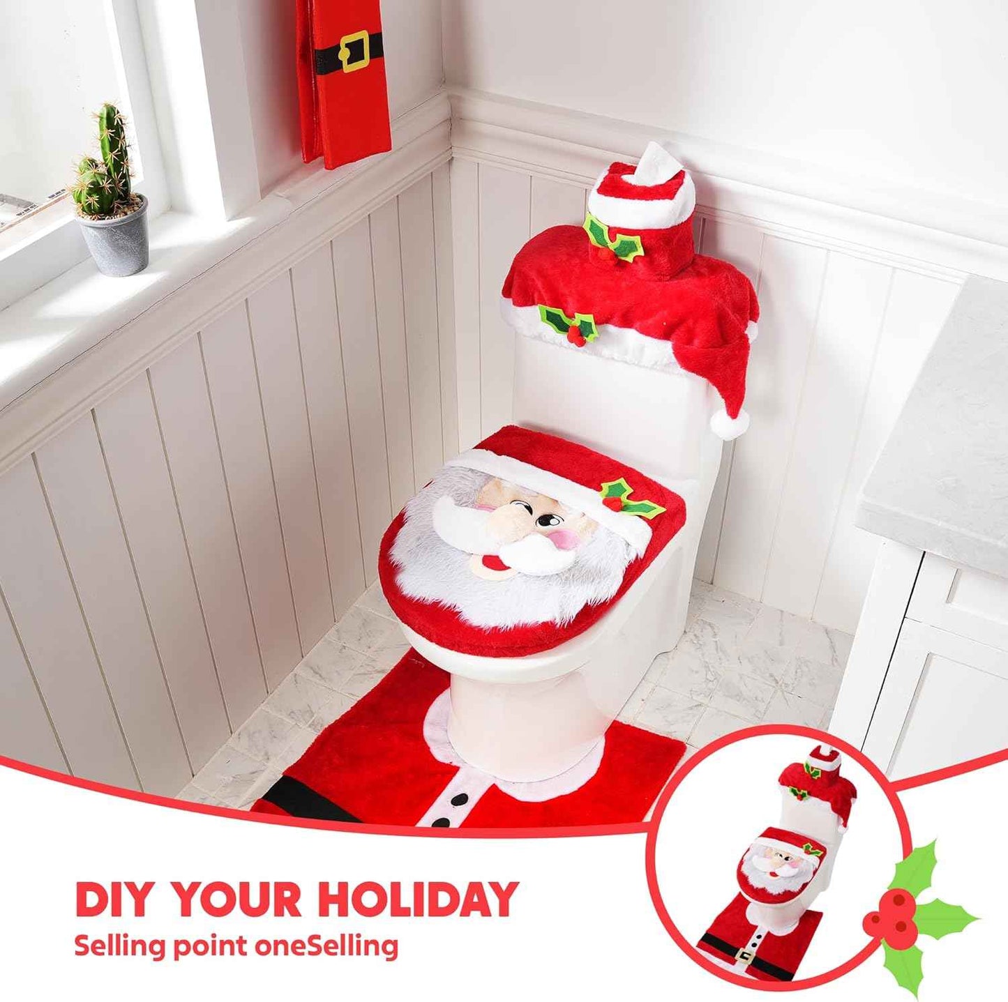 JOYIN 5 Pieces Christmas Theme Bathroom Decoration Set w/Toilet Seat Cover, Rugs, Tank Cover, Toilet Paper Box Cover and Santa Towel for Xmas Indoor DΓ©cor, Party Favors (Santa)