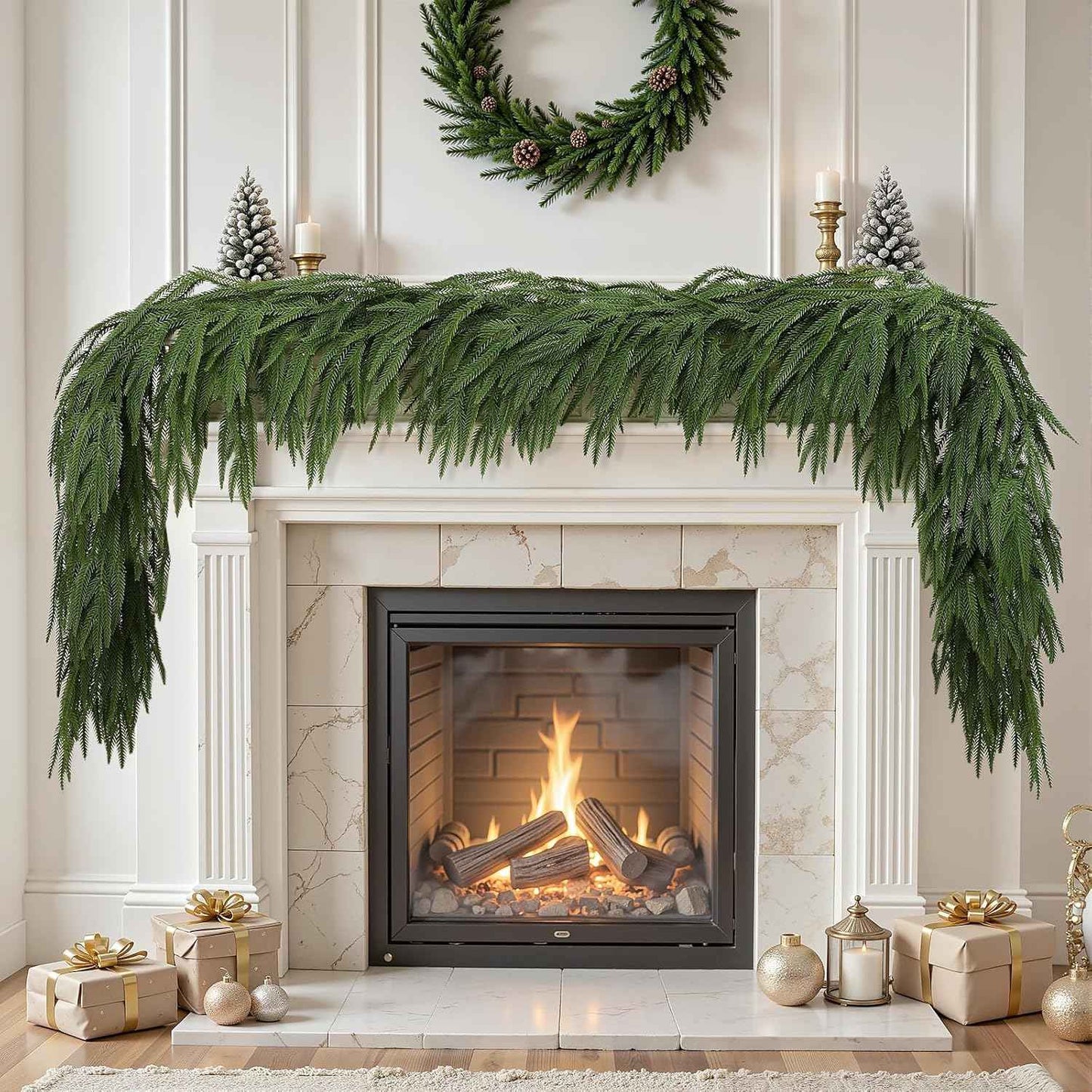 Alupssuc 9ft Christmas Garland, Real Touch Norfolk Pine Garland - Pine Garland, Artificial Greenery Christmas Garland for Mantle, Table, Fireplace, Indoor, Outdoor Christmas Decorations