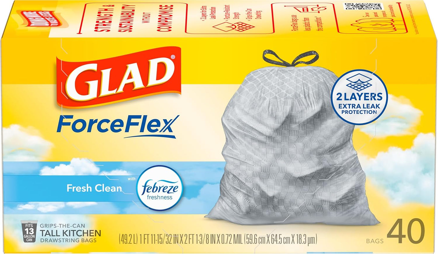 Glad ForceFlex Tall Kitchen Trash Bags, 13 Gallon, Gain Fresh Clean, 40 Count (Package May Vary) - Rayz Mart