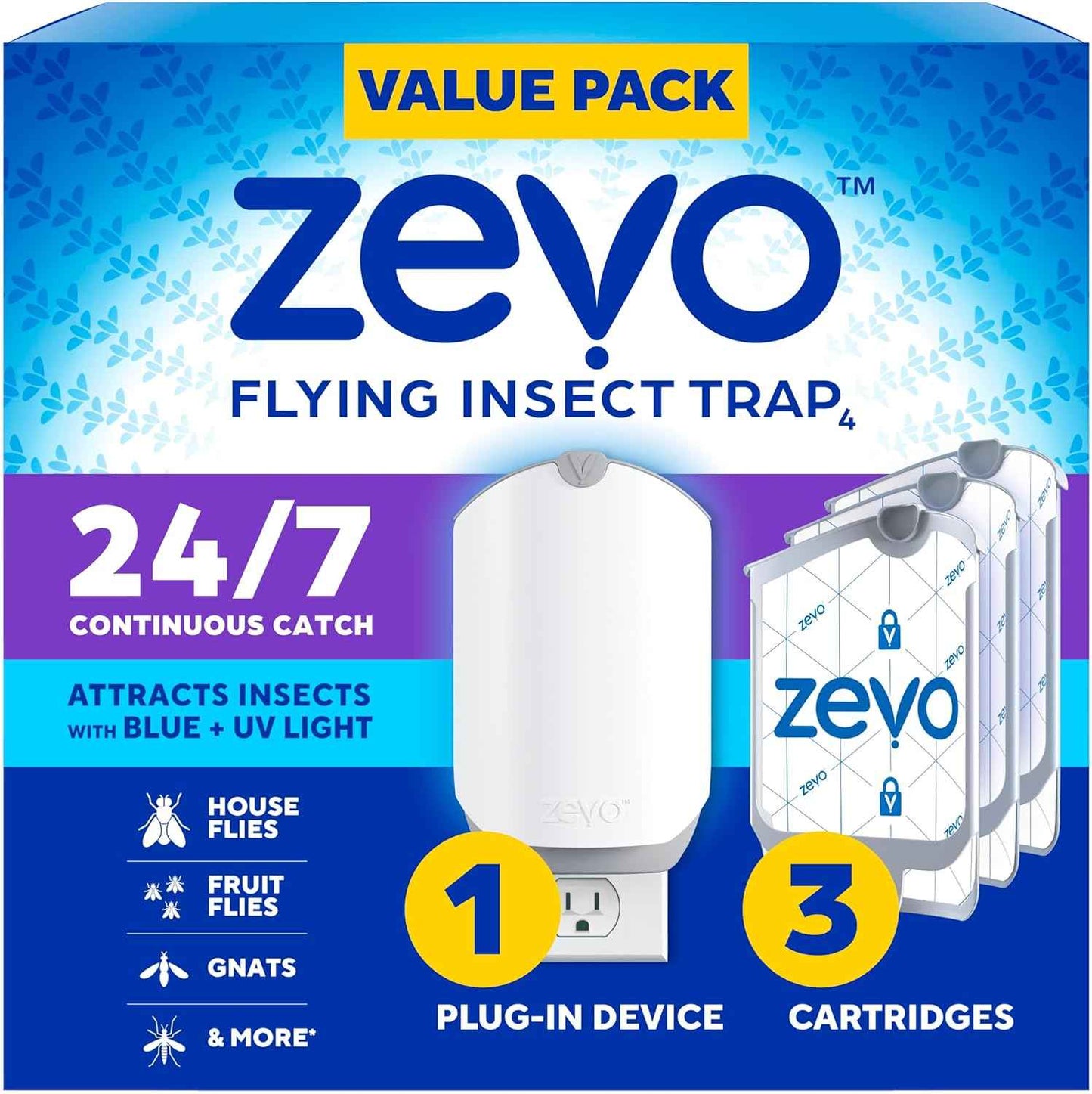 Zevo Flying Insect Trap & 3 Refill Cartridges - Plug in Fly Trap & Indoor Bug Catcher for Gnats, House & Fruit Flies - Blue & UV Light Technology, Mess-Free Alternative to Bug Zapper