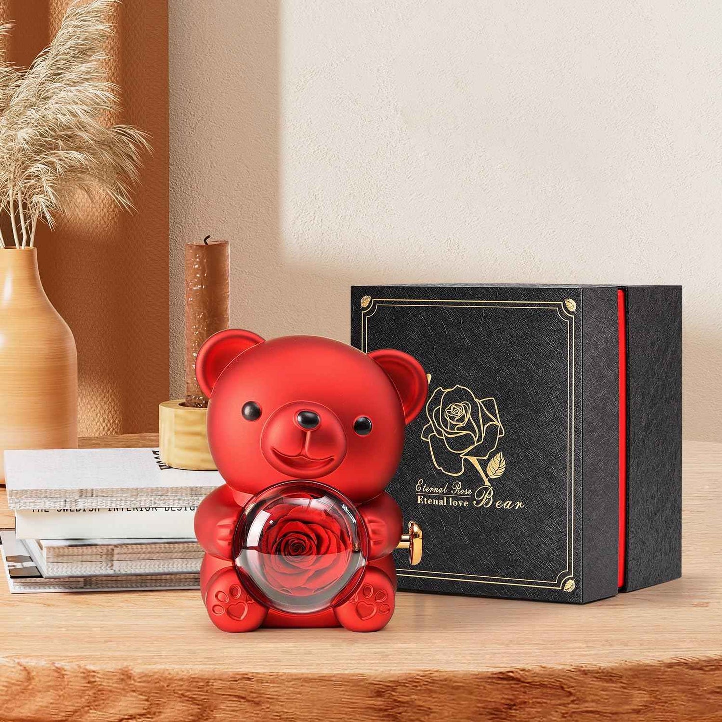 Cute Teddy Bear with Preserved Rose - A Real Rose Flower in Bear with Elegant Gift Box - Romantic Gift for Her in Mother's Day, Weddings, Anniversaries, and Bridal Showers (Red)