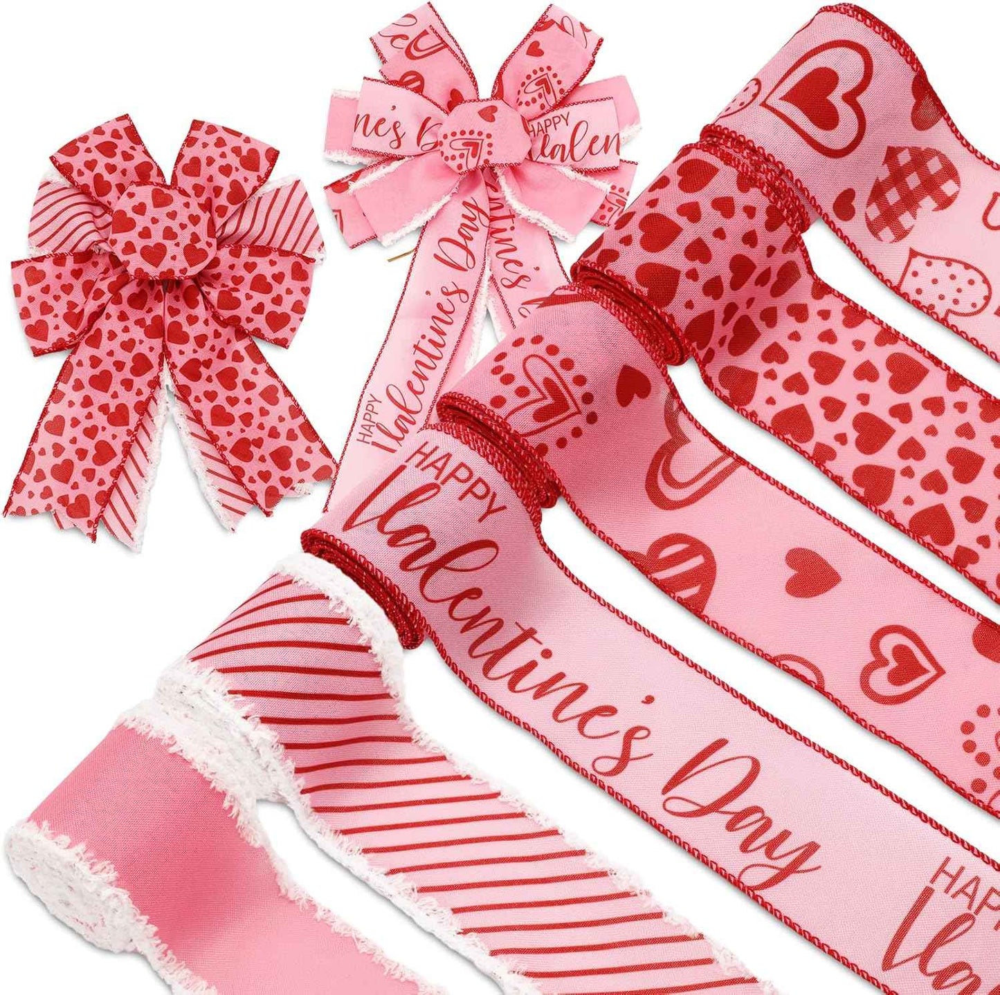 Whaline 36 Yard Happy Valentine's Day Wired Edge Ribbon Red White Love Hearts Craft Ribbon with Burr Wedding Fabric Wrapping Ribbon for Anniversary Wreath Bow Making DIY Crafts Supplies, 6 Roll