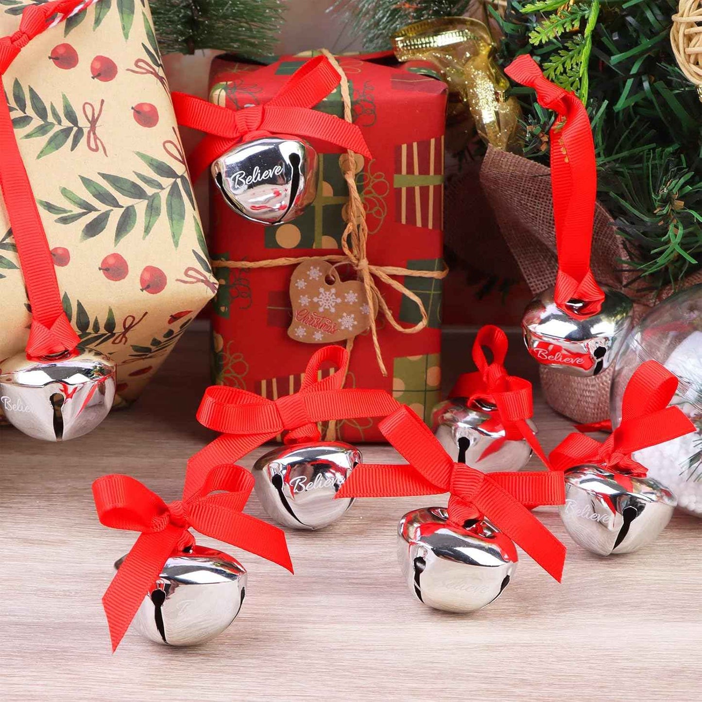 Sdfsdf 30 Pieces Believe Bell Ornament for Christmas Tree Sleigh Bell with Ribbon Xmas Party Home Decoration 1.5 inch (Silver)