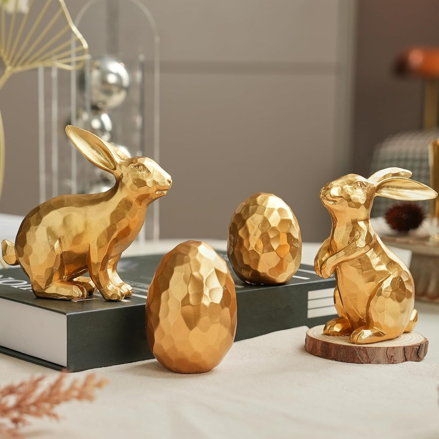 Resin Gold Bunny Decor Rabbit Figurines, Small Easter Bunny Figurine Set of 3, Easter Rabbit Statues for Spring Tabletop Decor