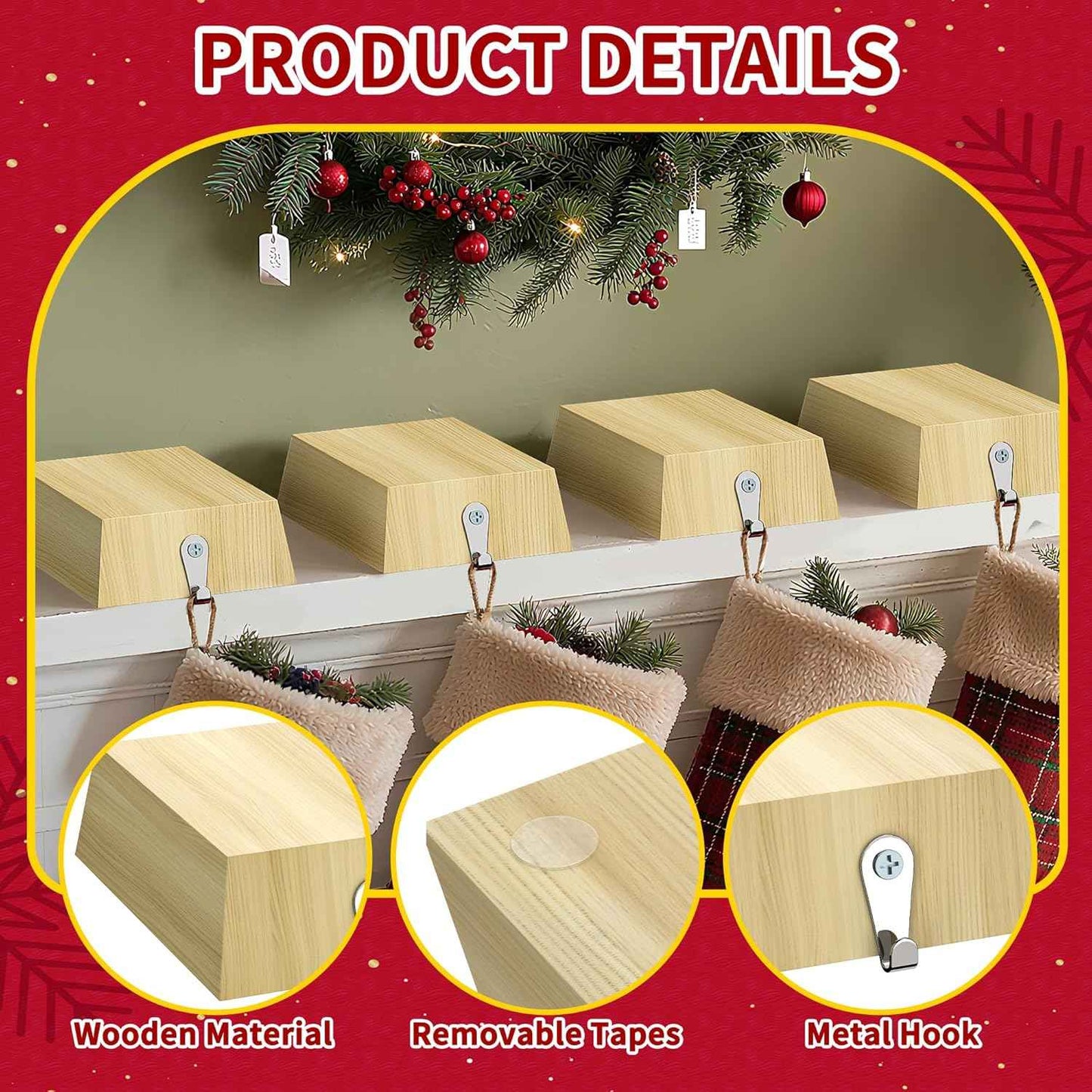4 Pack Wooden Christmas Stocking Holders for Mantle, Christmas Stocking Hangers with Removable Tapes, Stocking Hook Christmas Ornaments for Mantle, Windows, Fireplaces Decoration