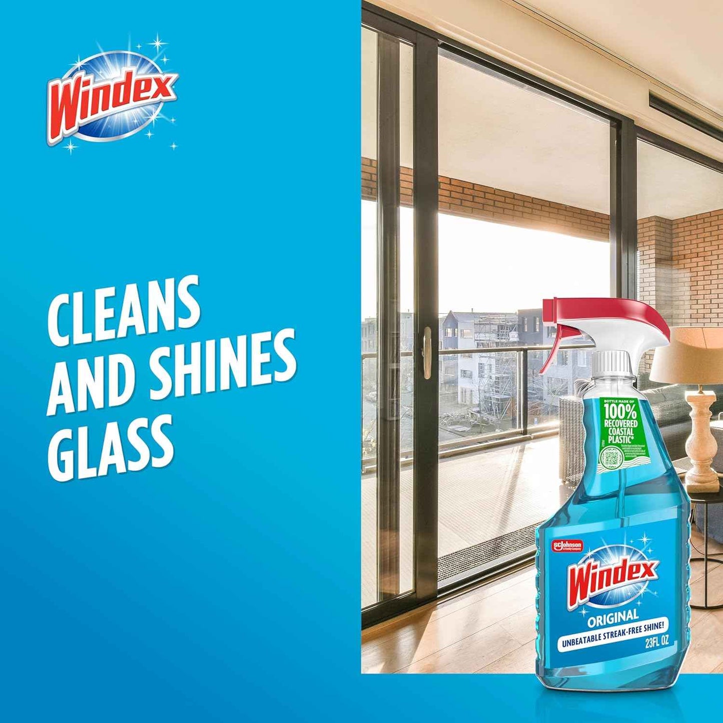 Windex Glass and Window Cleaner Spray Bottle, Packaging Designed to Prevent Leakage and Breaking, Surface Cleaning Spray, Original Blue Scent, 23 Fl Oz