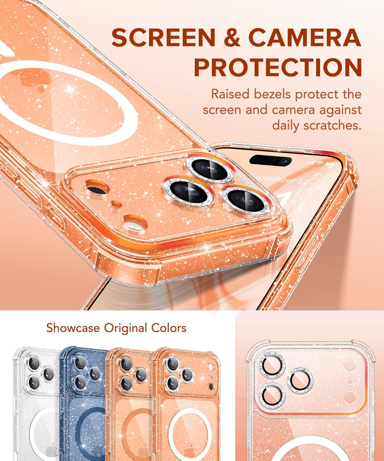 BERFY for iPhone 17 Pro Case for Women, Compatible with MagSafe, Clear Glitter Shockproof Protective Case, Anti-Yellowing, with Screen Protector & 3 Diamond Camera Lens Covers 6.3", Sparkle Clear - Rayz Mart