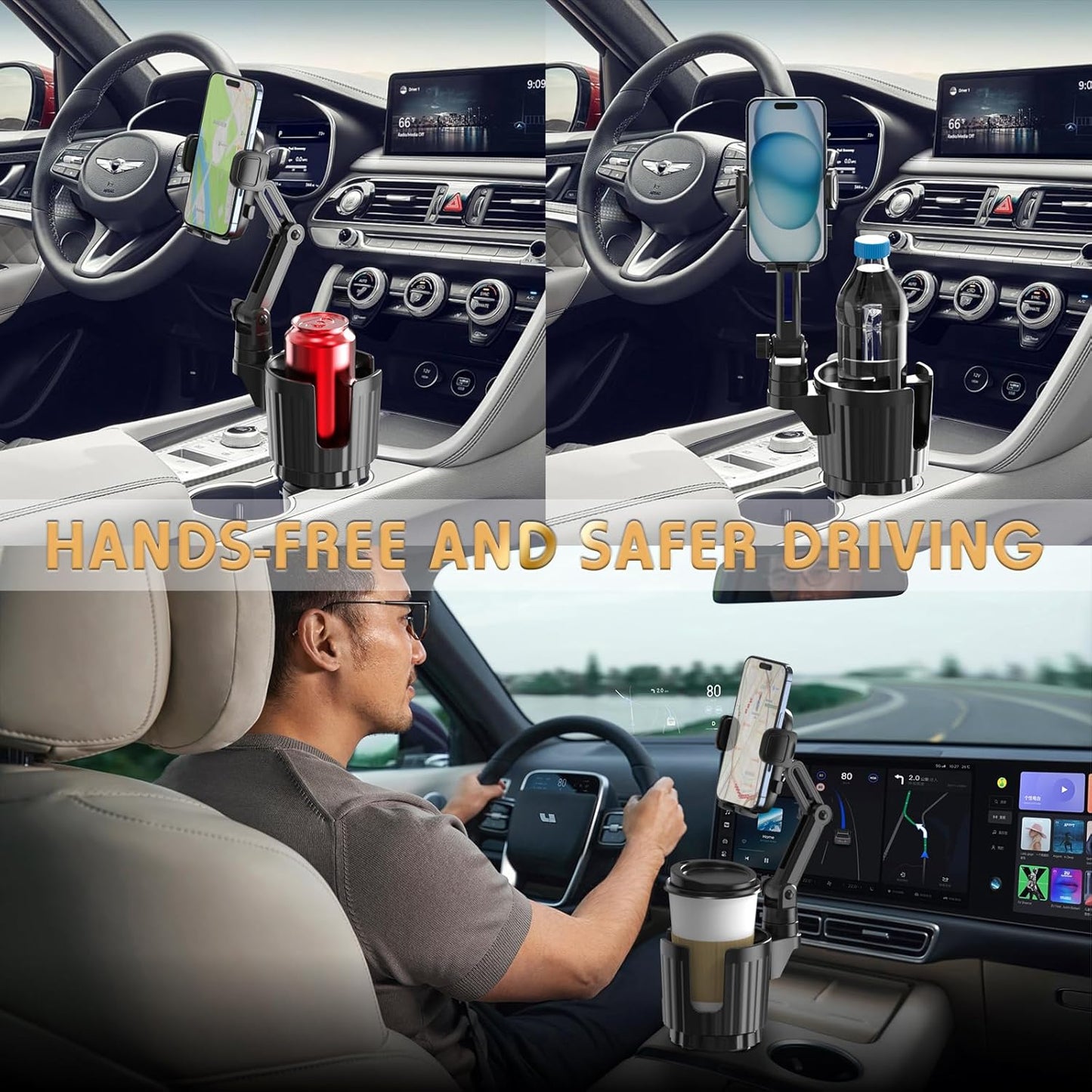 Phone Holders for Your Car, 2 in 1 Universal Cup Holder Expander Adjustable Base with Phone Mount, Long Arm with 360°Rotation Cup Holder Phones Mount for Car Compatible with All Smartphones - Rayz Mart
