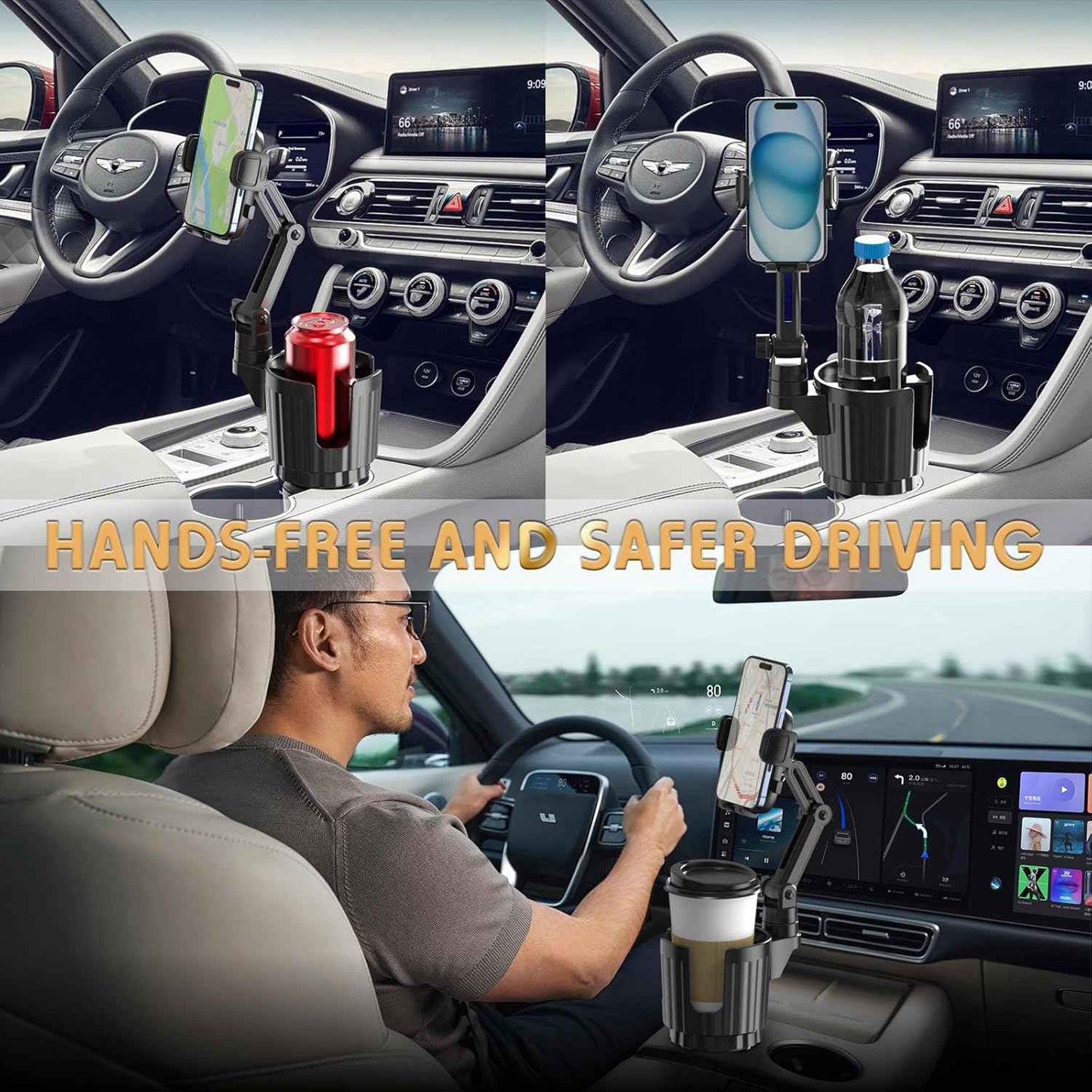 Phone Holders for Your Car, 2 in 1 Universal Cup Holder Expander Adjustable Base with Phone Mount, Long Arm with 360Β°Rotation Cup Holder Phones Mount for Car Compatible with All Smartphones