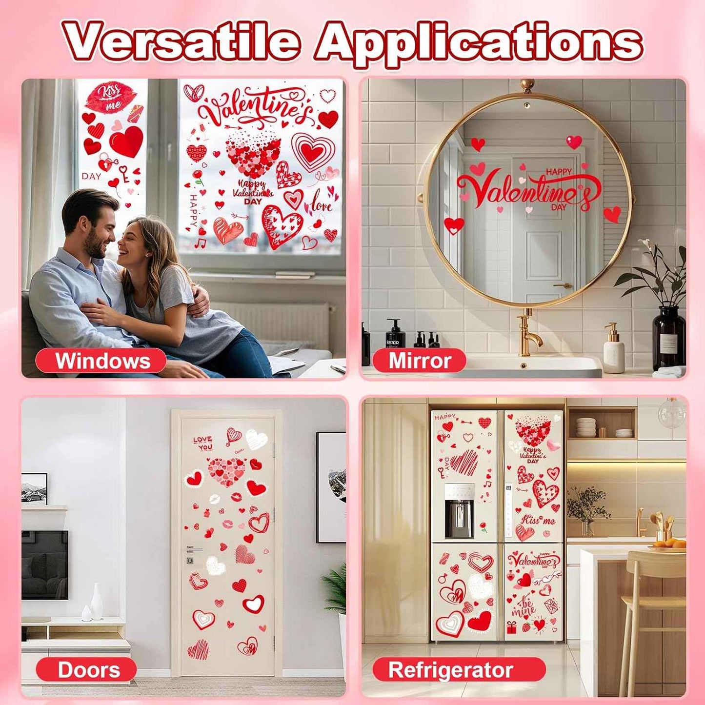 Valentines Day Window Clings Decor, Valentines Day Decorations, Red Heart Stickers for Home, Office, Classroom, Romantic Cupid Decals Décor, 9 Sheets