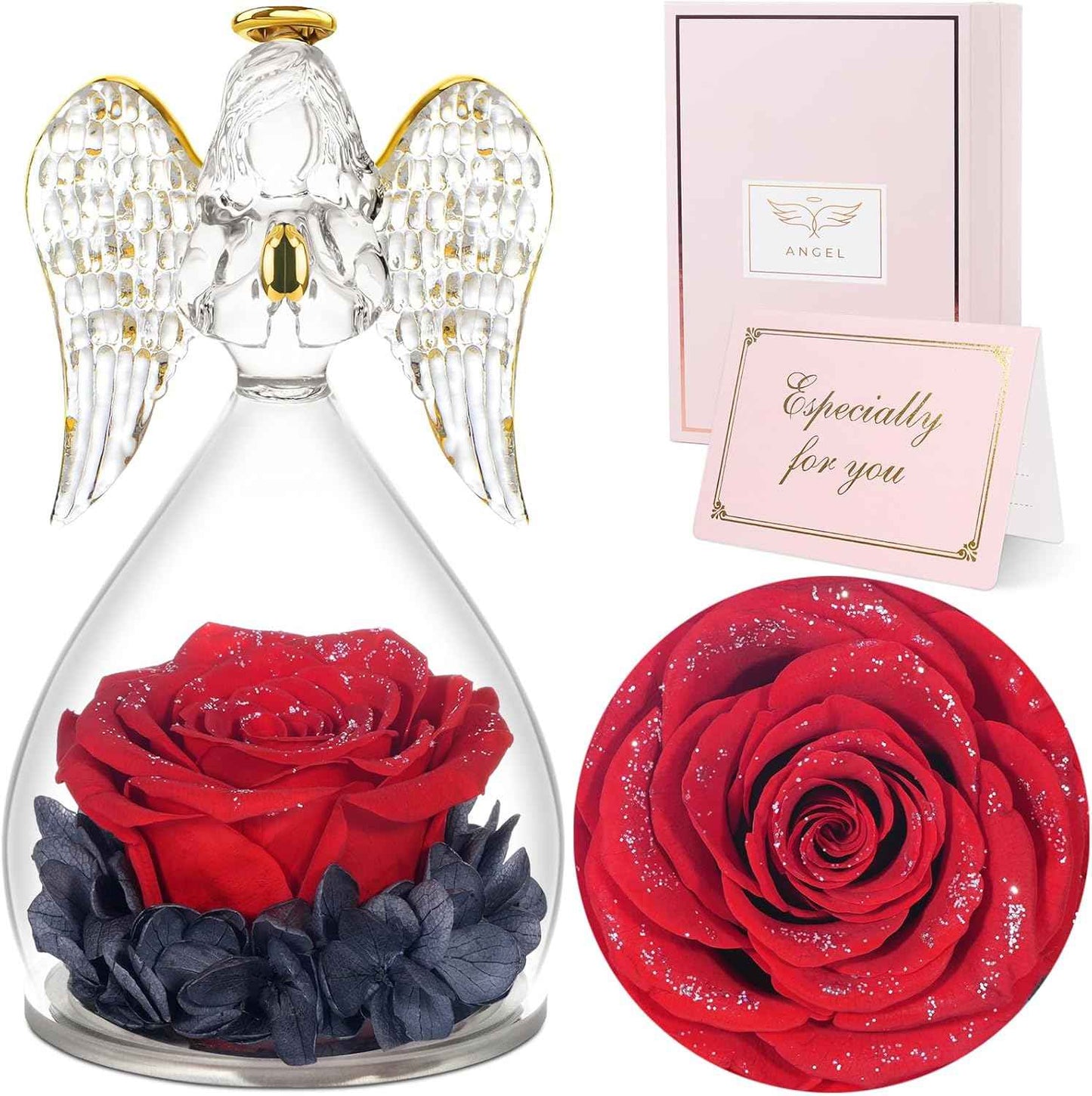 Sunia Valentines Day Rose Gifts for Women, Birthday Gifts for Mom Grandma, Forever Preserved Flower in Glass Angel Figurines Flowers for Delivery Prime, Mothers Day Real Roses for Her Wife