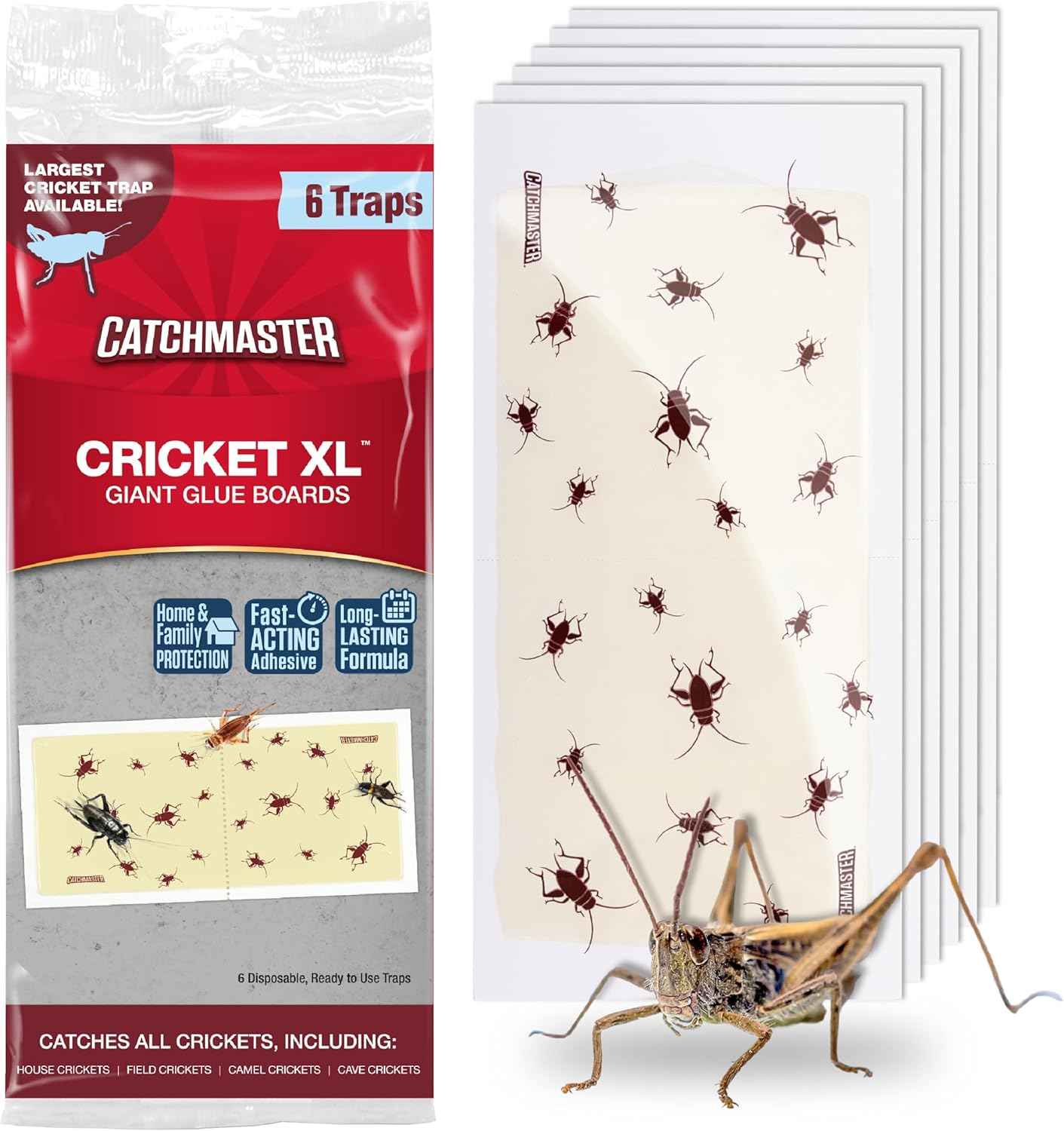 Catchmaster Cricket XL Giant Glue Boards 6-Pk, Adhesive Bug Catcher Cricket Traps Indoor, Sticky Trap for Inside Your Home, Bulk Insect Killer, Insect Traps for House & Garage, Pest Control for Home