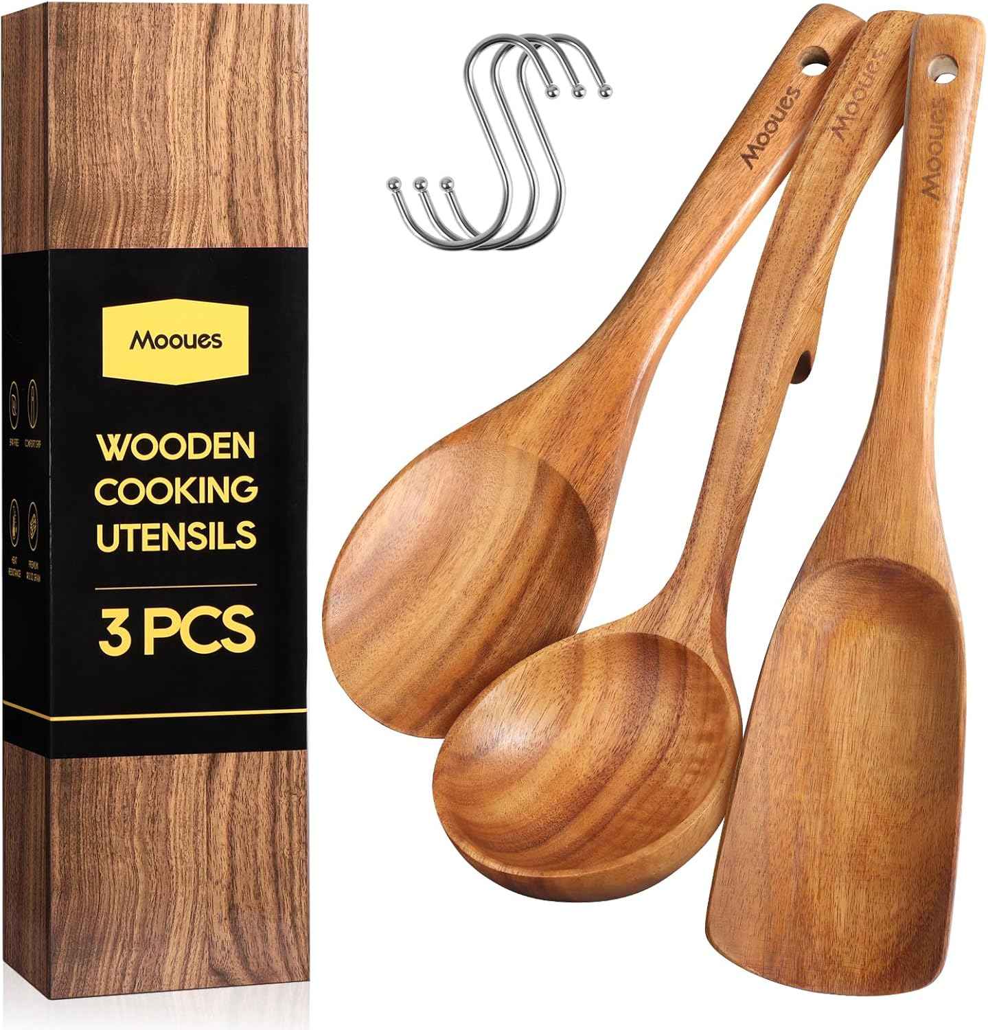 9 Piece Natural Teak Wooden Kitchen Utensil Set with Spoon Rest - Comfort Grip Cooking Spoons and Utensils Holder