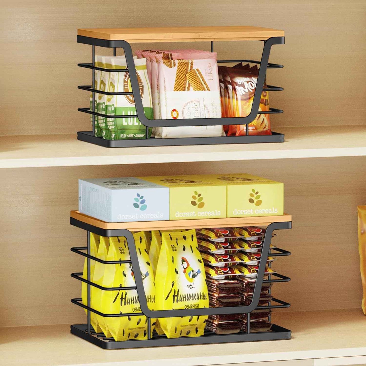 ALOCEO 2 Pack Storage Stackable Kitchen Laundry Organizers with Bamboo Top, Large Trash Bag Holder and Small Garbage Bag Dispenser for Countertop Organization