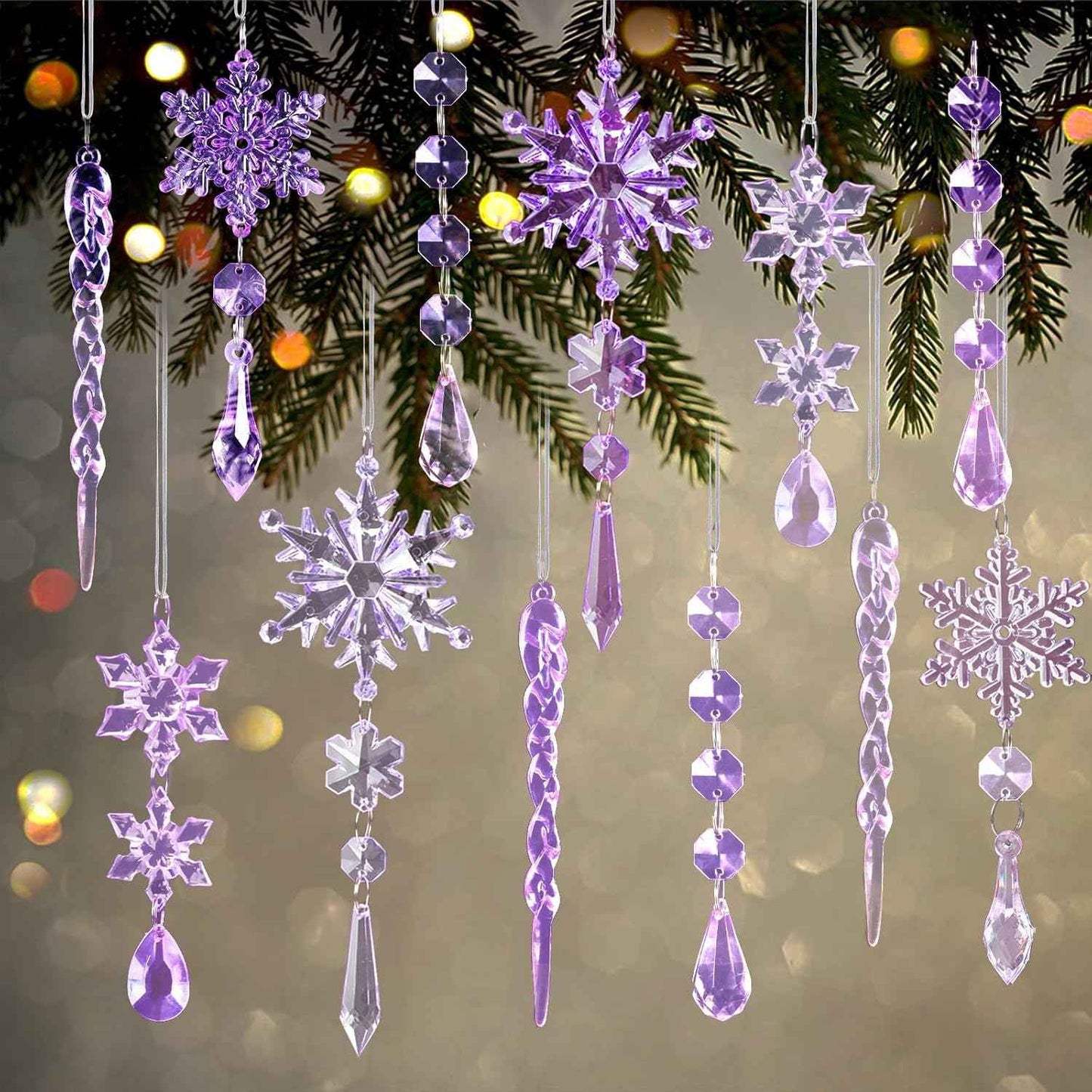 18pcs Crystal Christmas Ornaments for Tree Decorations-Hanging Acrylic Snowflake Icicle Ornaments with Drop Pendants for Winter Wonderland Chandelier Crystals Decorations Supplies