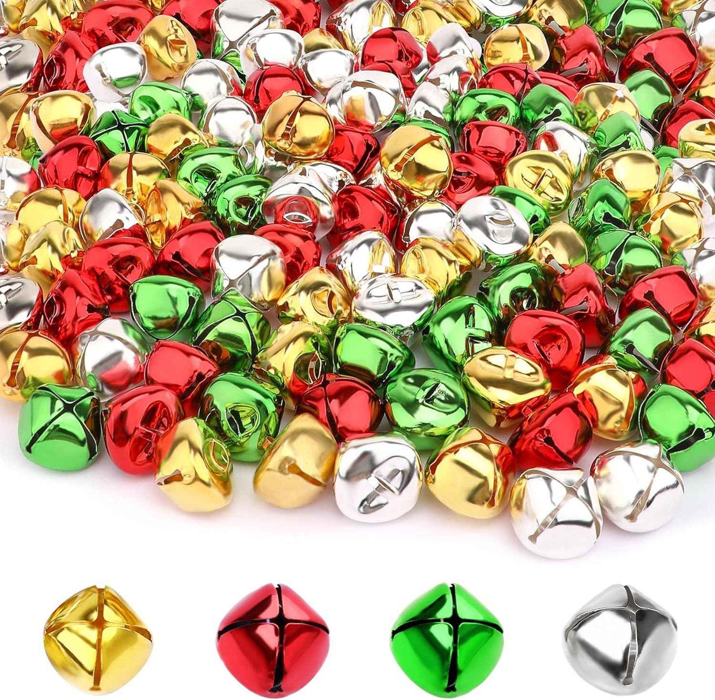 Augshy 100 Pieces Jingle Bells 4/5Inch Craft Bell Bulk for Christmas Home and Pet Decorations Xmas Decor Party Favors Supplies (Gold and Silver)