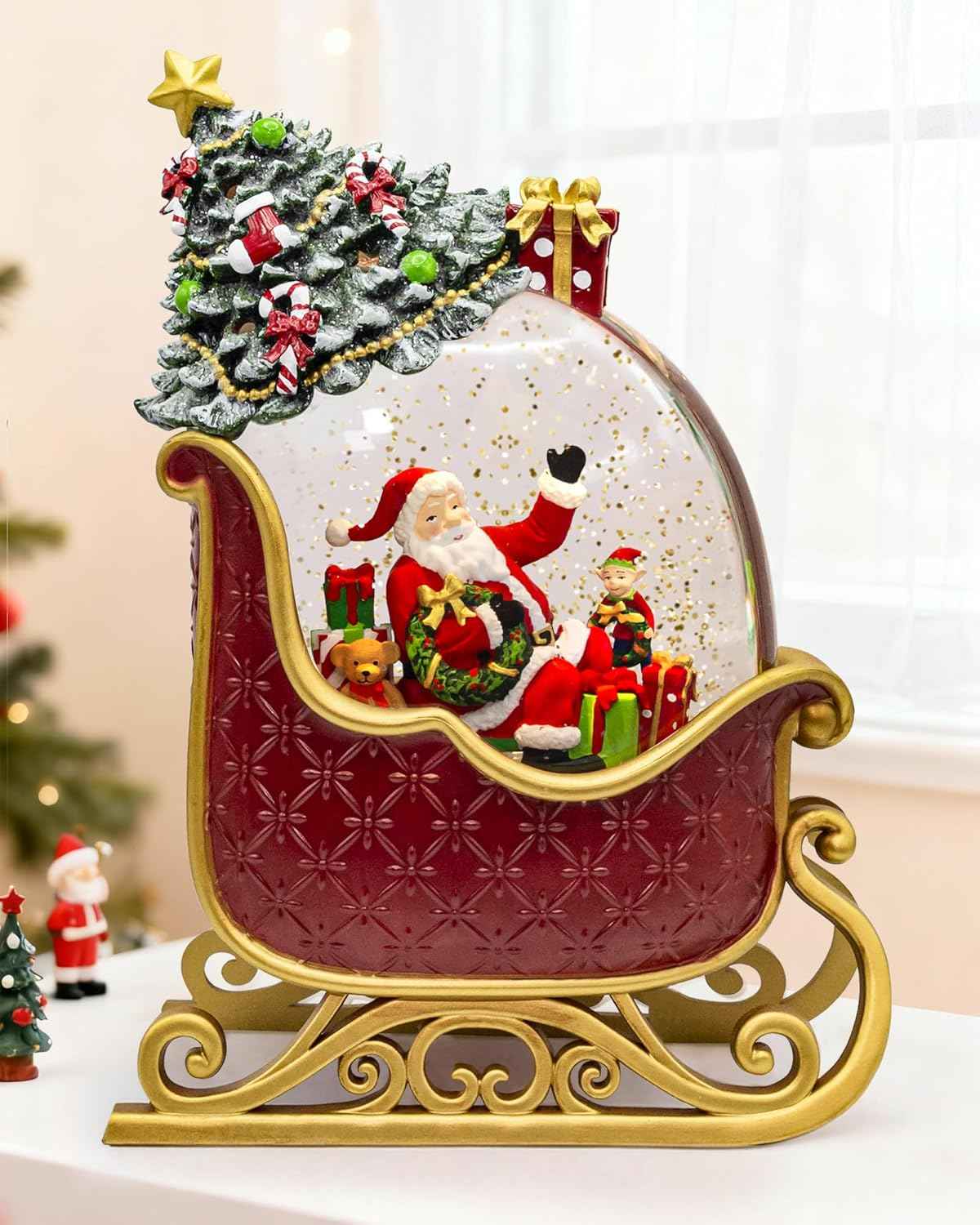 Christmas Santa Snow Globe Light up Lantern with 8 Songs, 9.17" Red Christmas Snow Globes for Kids Adults, 6H Timer & Dual Power, Snowglobes Christmas Decorations Indoor, Gifts for Women Men