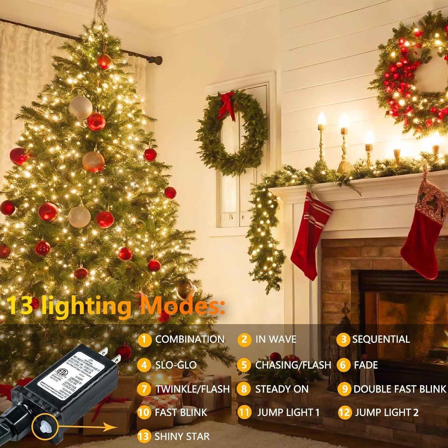 Connectable 200 LED Christmas String Lights, 66FT Warm White Indoor/Outdoor Waterproof Fairy Lights with Timer, 13 Lighting Modes, Clear Wire Plug-In Décor
