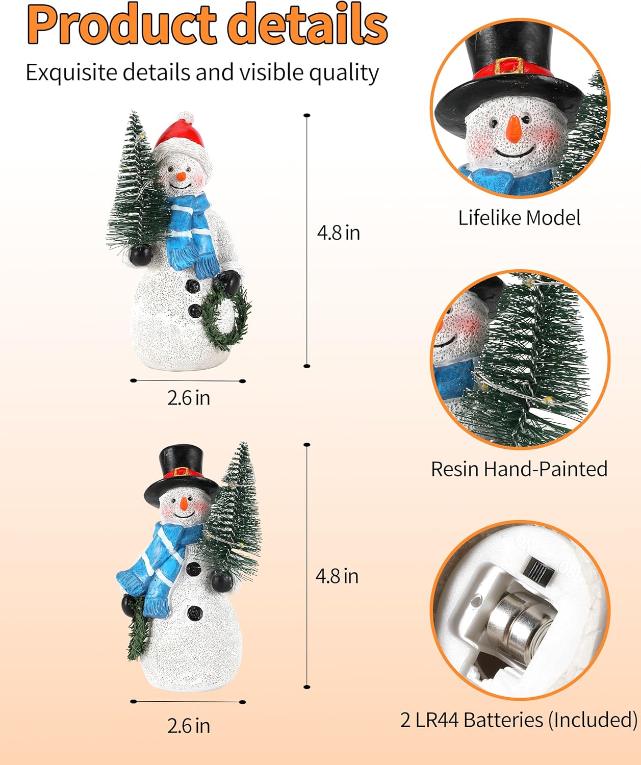 iStatue Resin Snowmen Figurines with Lighted Christmas Tree and Wreath 5'' - Set of 2 Battery Operated - Holiday Decorations Home Decor (Snowman)