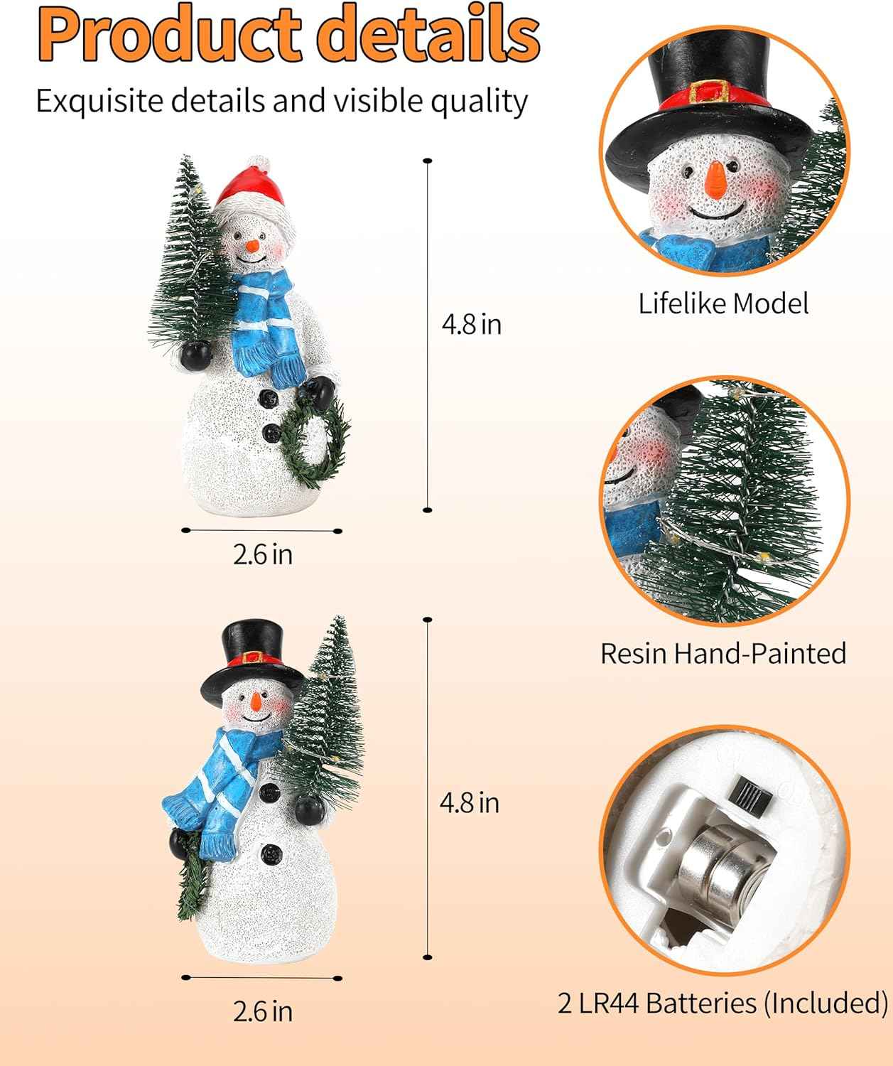iStatue Resin Snowmen Figurines with Lighted Christmas Tree and Wreath 5'' - Set of 2 Battery Operated - Holiday Decorations Home Decor (Snowman)