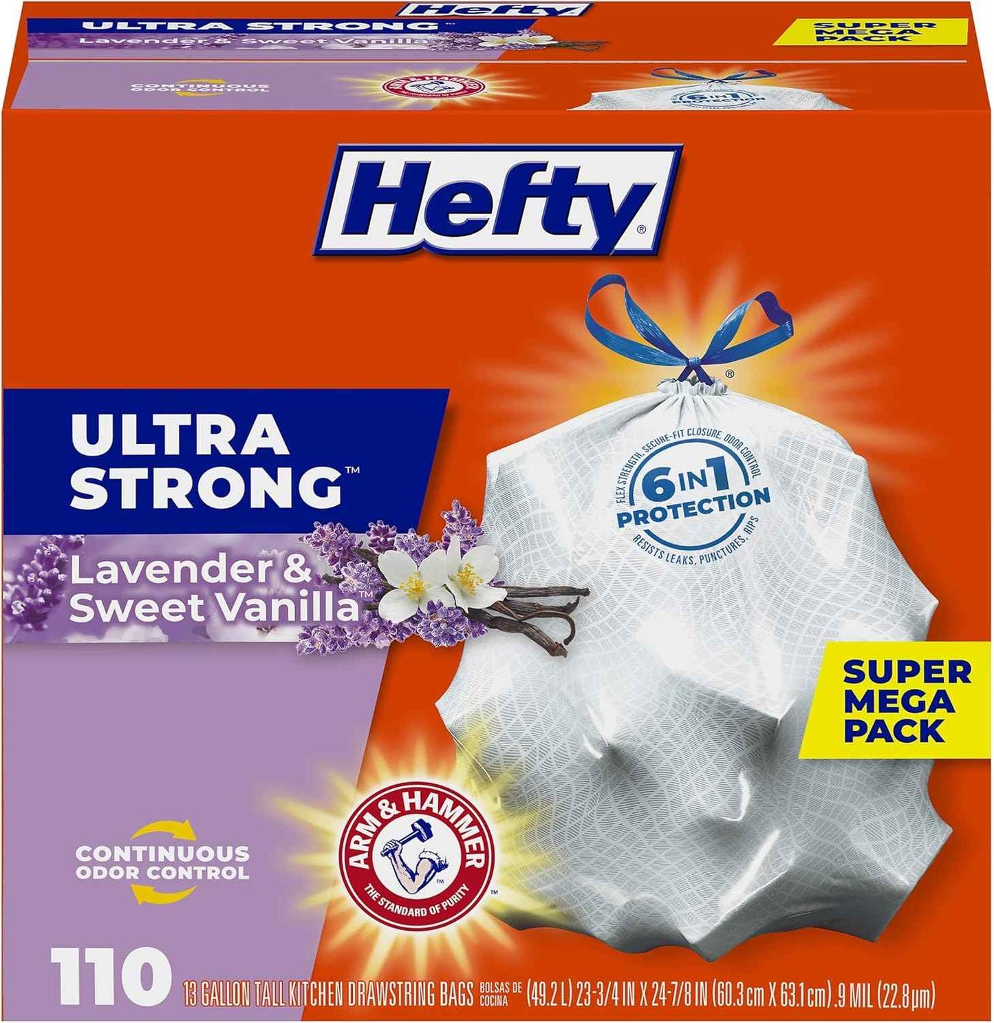 Hefty Ultra Strong Tall Kitchen Trash Bags, Lavender & Sweet Vanilla Scent, 13 Gallon, 80 Count