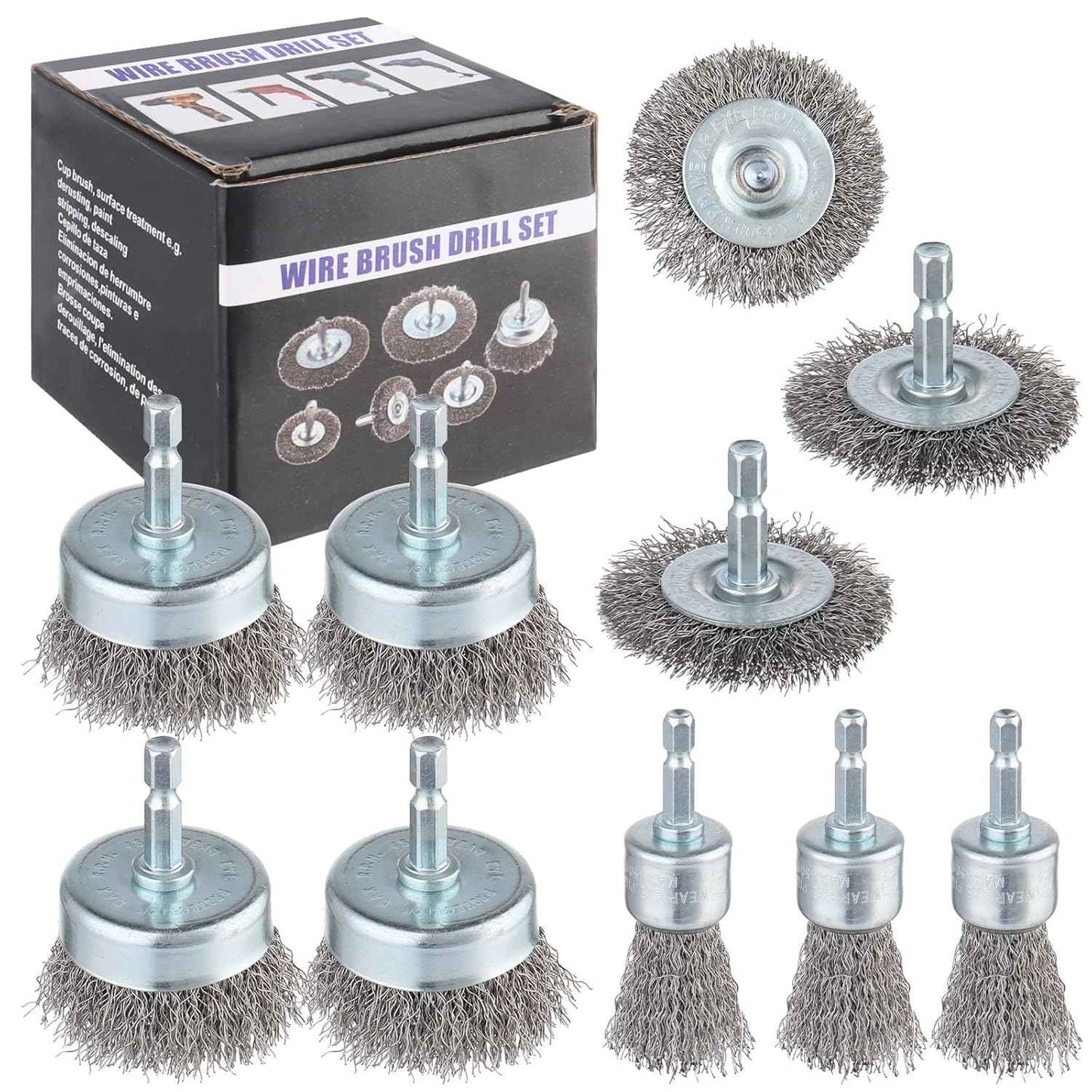 Rocaris 6 Pack Carbon Steel Wire Wheel and Pen Brush Set with 1/4-Inch Hex Shank for Rust Removal, Corrosion and Scrub Surfaces