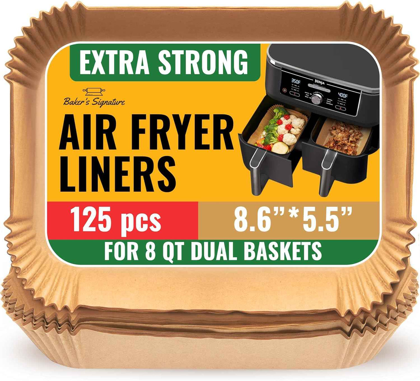 Air Fryer Paper Liners, 125Pcs Air Fryer Disposable Liners, Non-Stick and Oil Proof for Easy Cleanup, 8” Square for 5-8 qt Basket by Baker's Signature