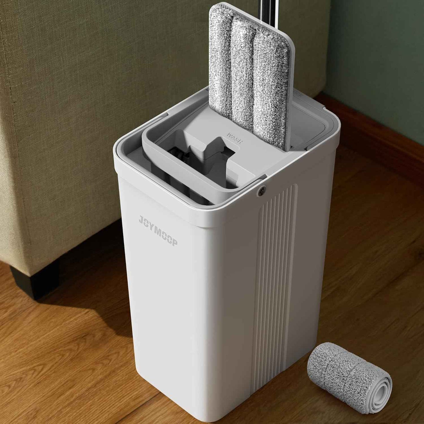 JOYMOOP Mop and Bucket Set with Wringer, Flat Mops for Floor Cleaning, Wall Mop Cleaner with Long Handle, Hardwood Floor Mop with 4 Microfiber Pads