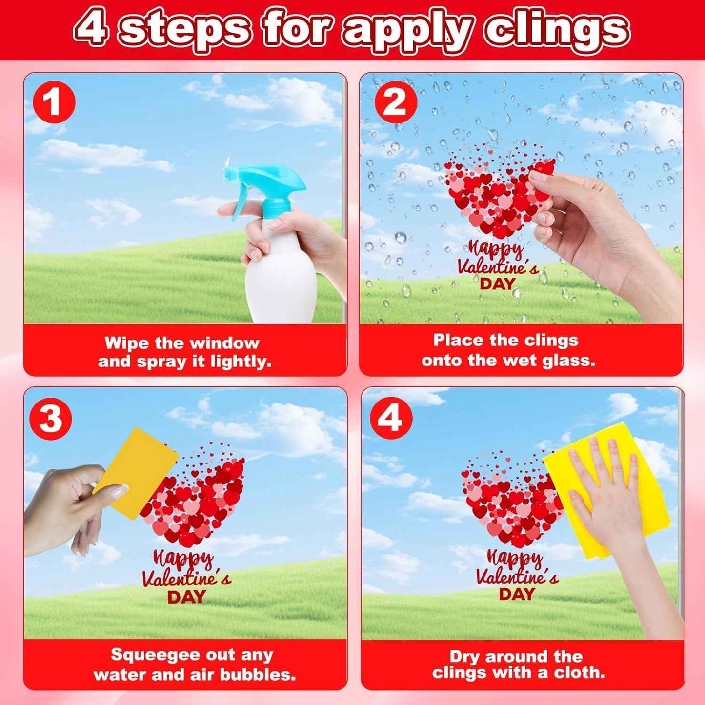 Valentines Day Window Clings Decor, Valentines Day Decorations, Red Heart Stickers for Home, Office, Classroom, Romantic Cupid Decals Décor, 9 Sheets