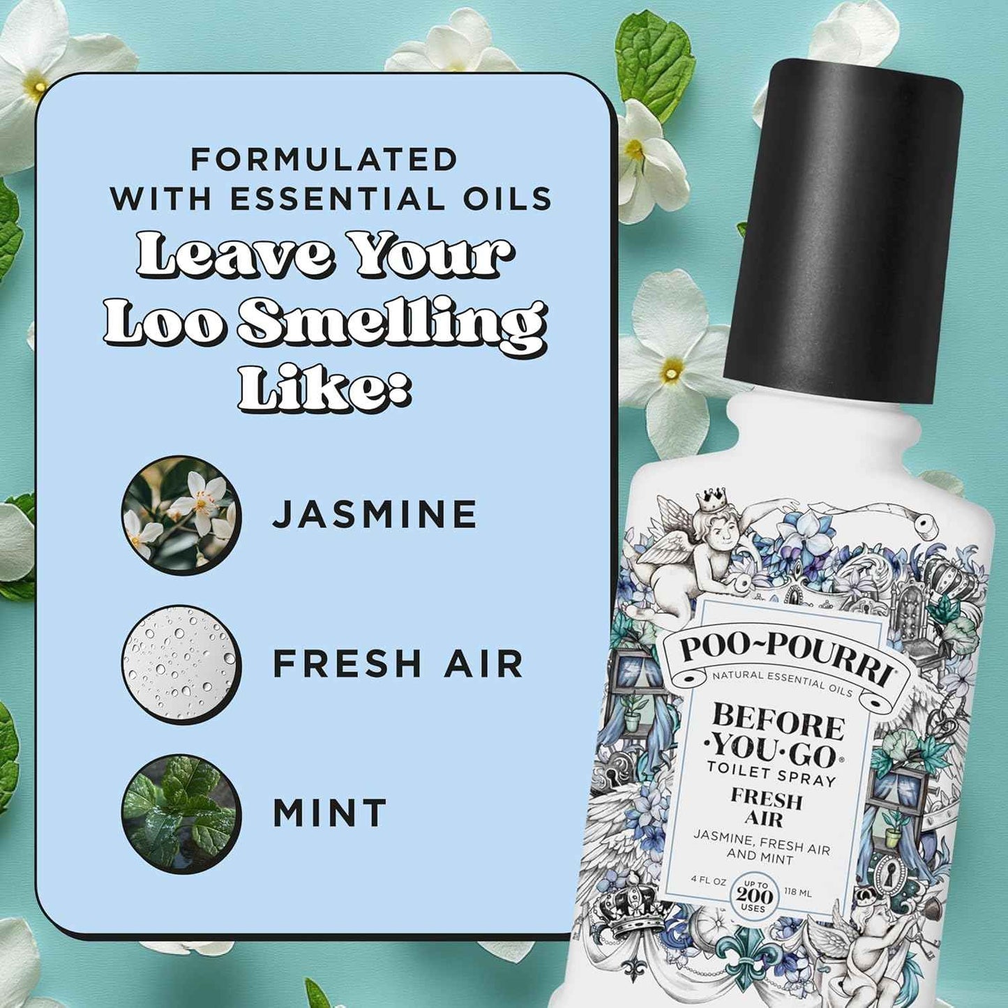 Poo-Pourri Before-You-Go Toilet Spray, Fresh Air, 4 Fl Oz, Up to 200 Uses, Bathroom Odor Deodorizer , Plant-Based with Essential Oils, for Home or Work, Jasmine, Fresh Air and Mint Scent