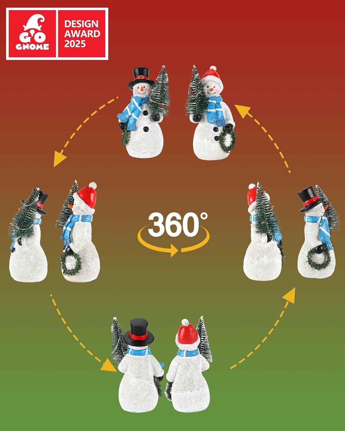 Duo 5'' Resin Snowman Figurines with Lighted Christmas Tree Wreath - Christmas Decorations Indoor Snowman Decor Ornaments Centerpiece - Winter Holiday (Snowmen)