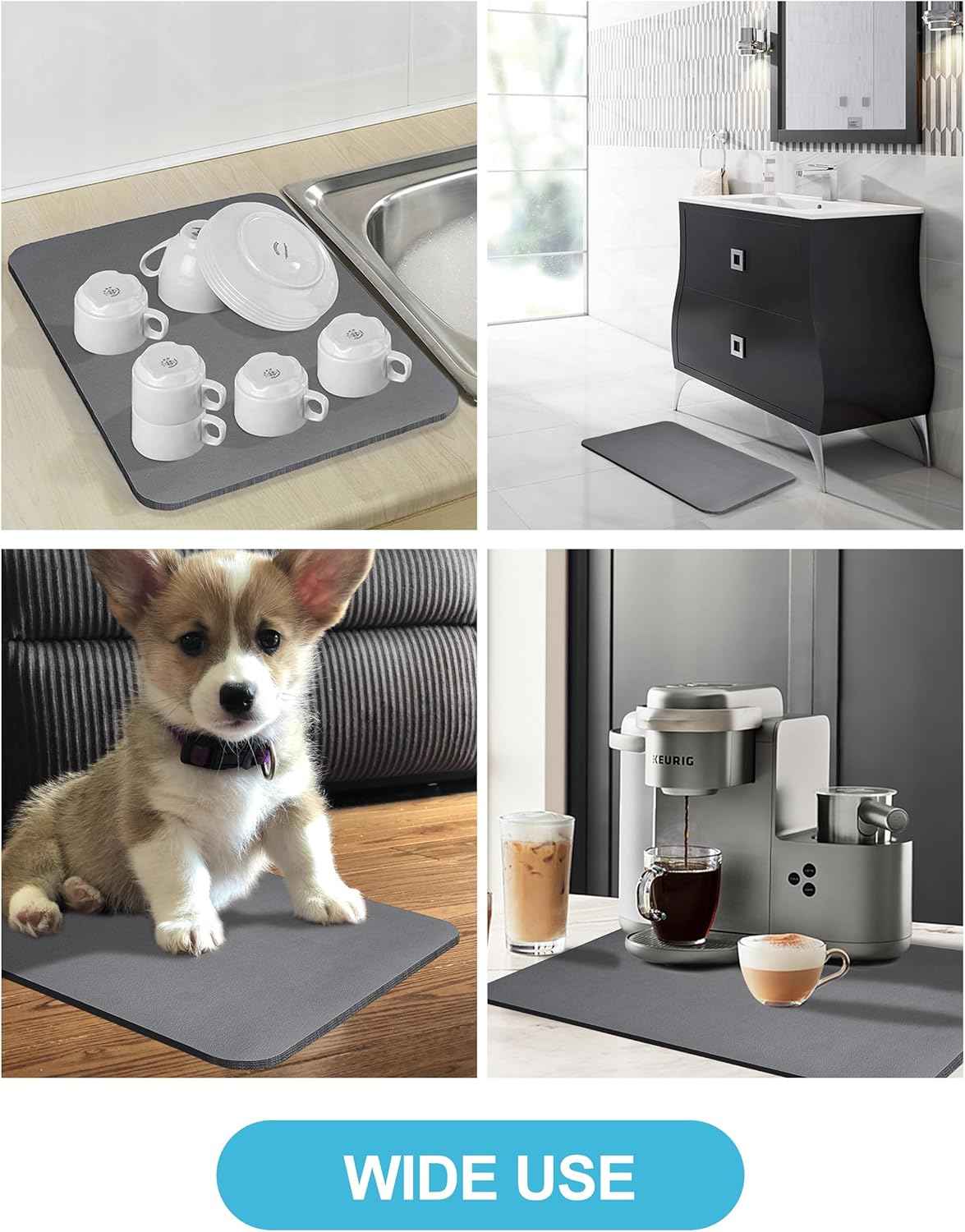 Dish Drying Mat for Kitchen Counter, 12"x19" Dish Drying Pad with Non-slip Rubber Backed, Hide Stain Anti Absorbent for Kitchen Counter, Drying Mat for Coffee Machine Dish Rack (Grey)