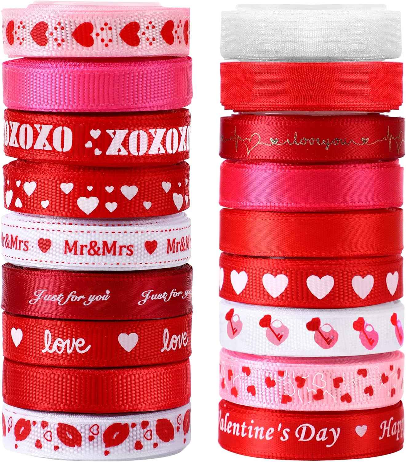 SANNIX 18 Rolls 90 Yards Valentine’s Day Ribbons Printed Grosgrain Satin Ribbons 3/8″ Wide DIY Craft Fabric for Valentines Wedding Anniversary Decorations Gift Wrapping