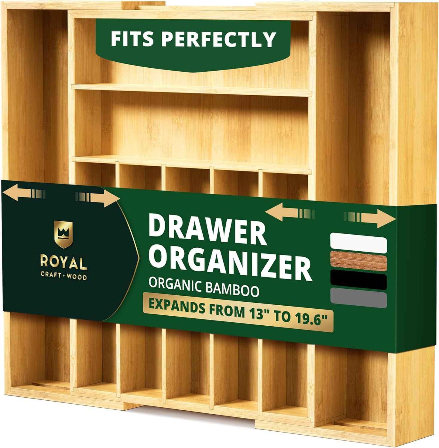 Royal Craft Wood Luxury Bamboo Kitchen Drawer Organizer - 9 Slot Silverware Organizer for Flatware, Utensil Holder & Cutlery Tray Drawer Dividers in Natural