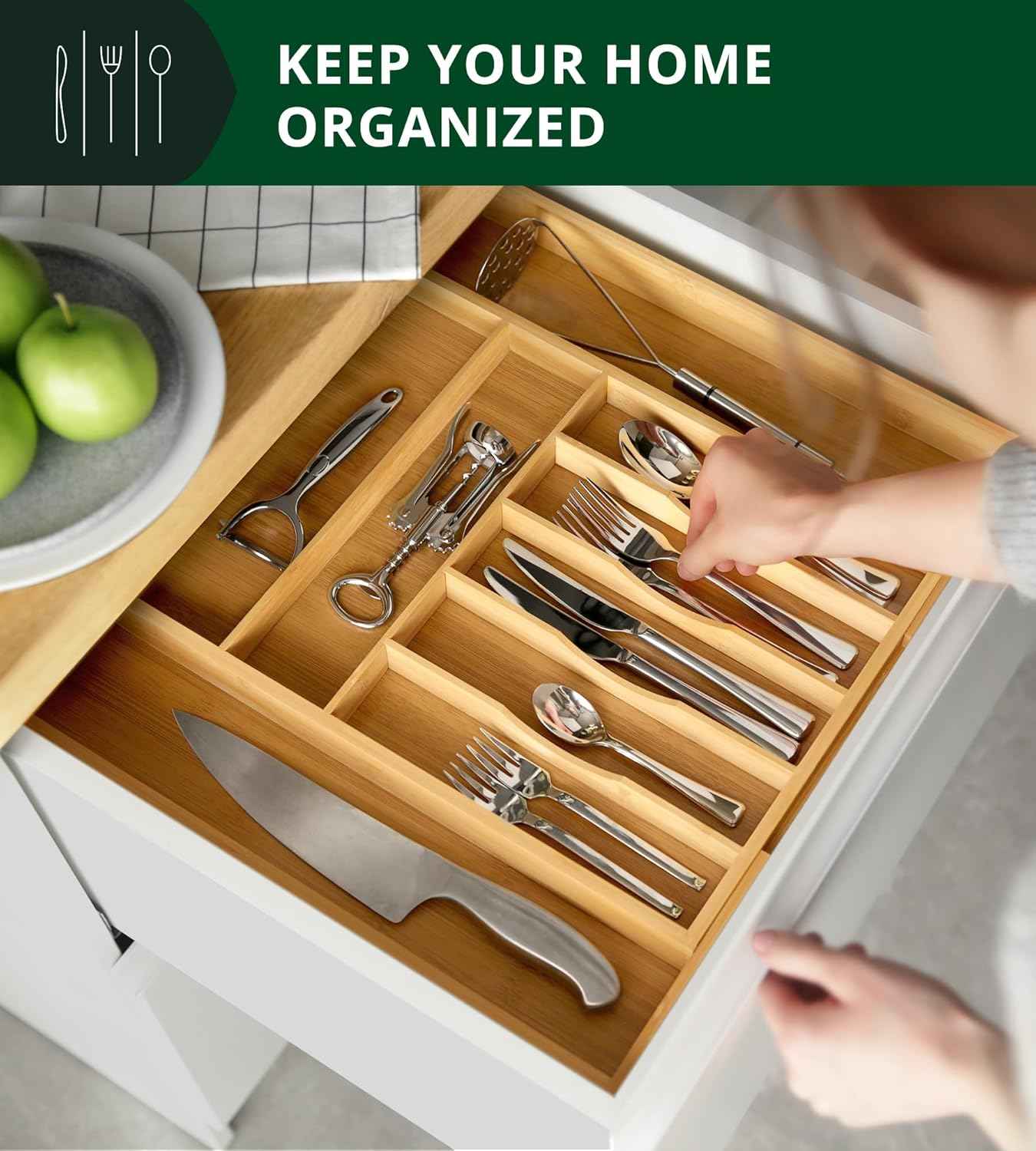 Royal Craft Wood Luxury Bamboo Kitchen Drawer Organizer - 9 Slot Silverware Organizer for Flatware, Utensil Holder & Cutlery Tray Drawer Dividers in Natural