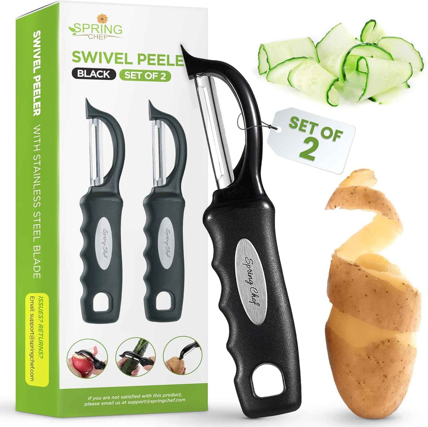 Spring Chef Premium Swivel Vegetable Peeler, Soft Grip Handle and Ultra Sharp Stainless Steel Blades - Perfect Kitchen Peeler For Veggie, Fruit, Potato, Carrot, Apple - Black