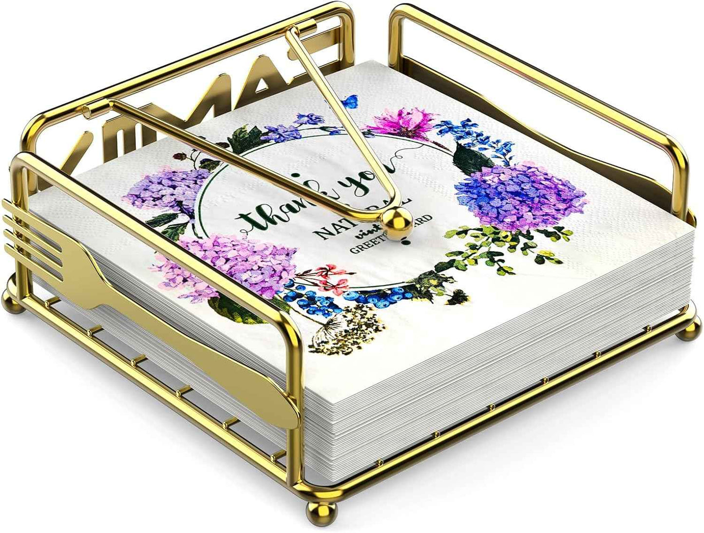 Napkin Holder for Table, Flat Napkin Dispenser with Weighted Arm, Square Cocktail Paper Holder of Elegant Rustic Iron for Kitchen Dining Room Decor Restaurant Farmhouse Hotel Party, Black