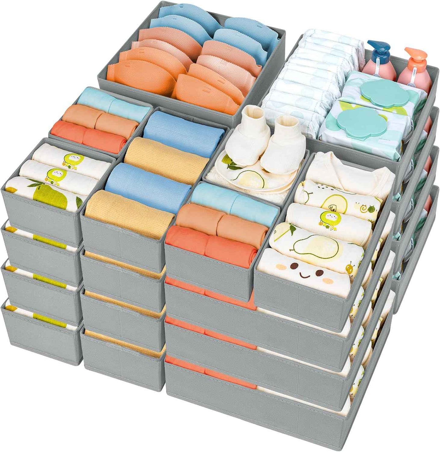 DIMJ Drawer Organizer Clothes, 12 Pack Dresser Organizer, Foldable Closet Organizers and Storage, Fabric Dresser Bins, Drawer Dividers for Nursery, Baby Clothes, Underwears, Sock (Beige)